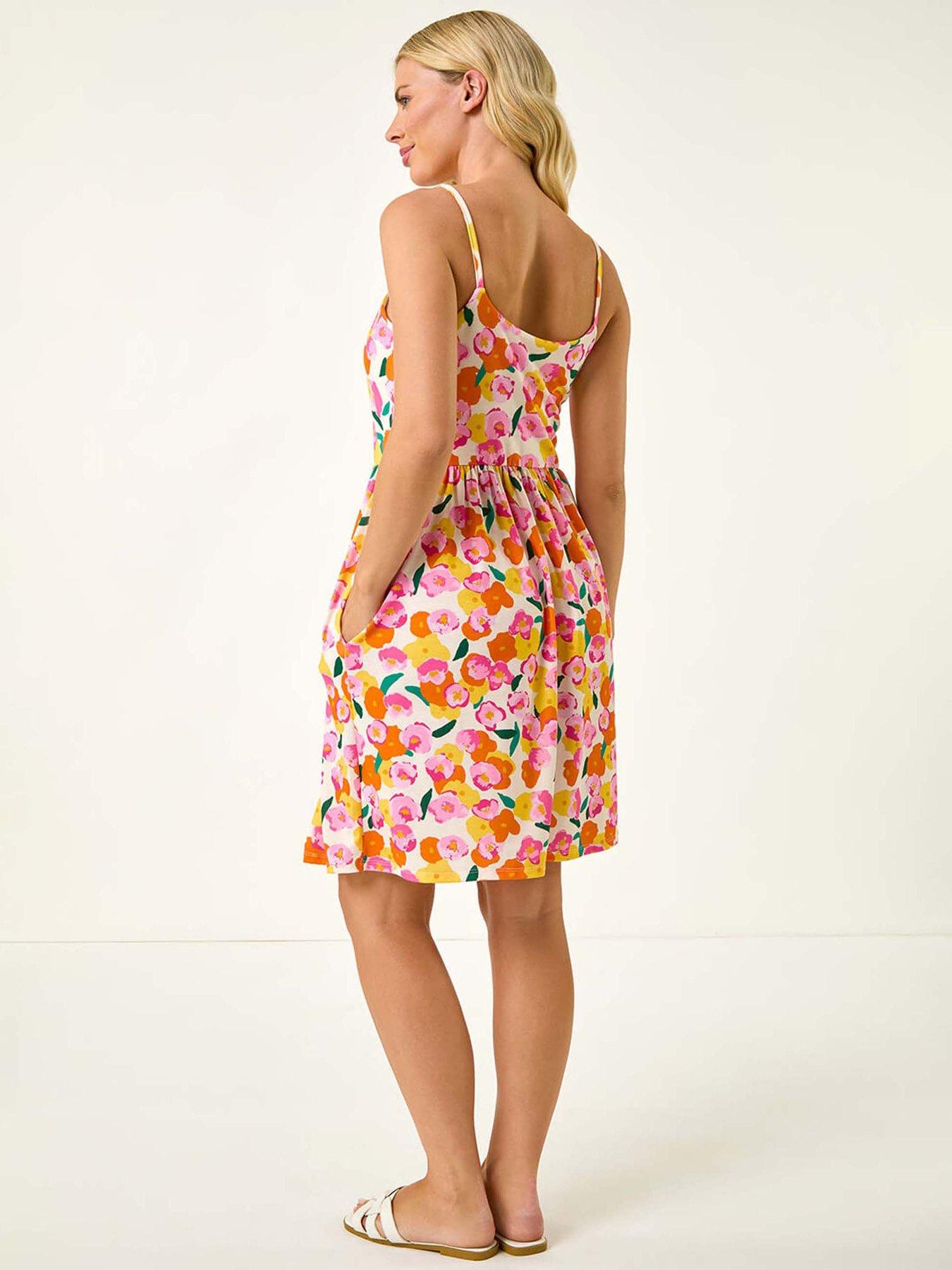 Image 2 of 5 of Roman Petite Floral Print Strappy Stretch Dress - Orange
