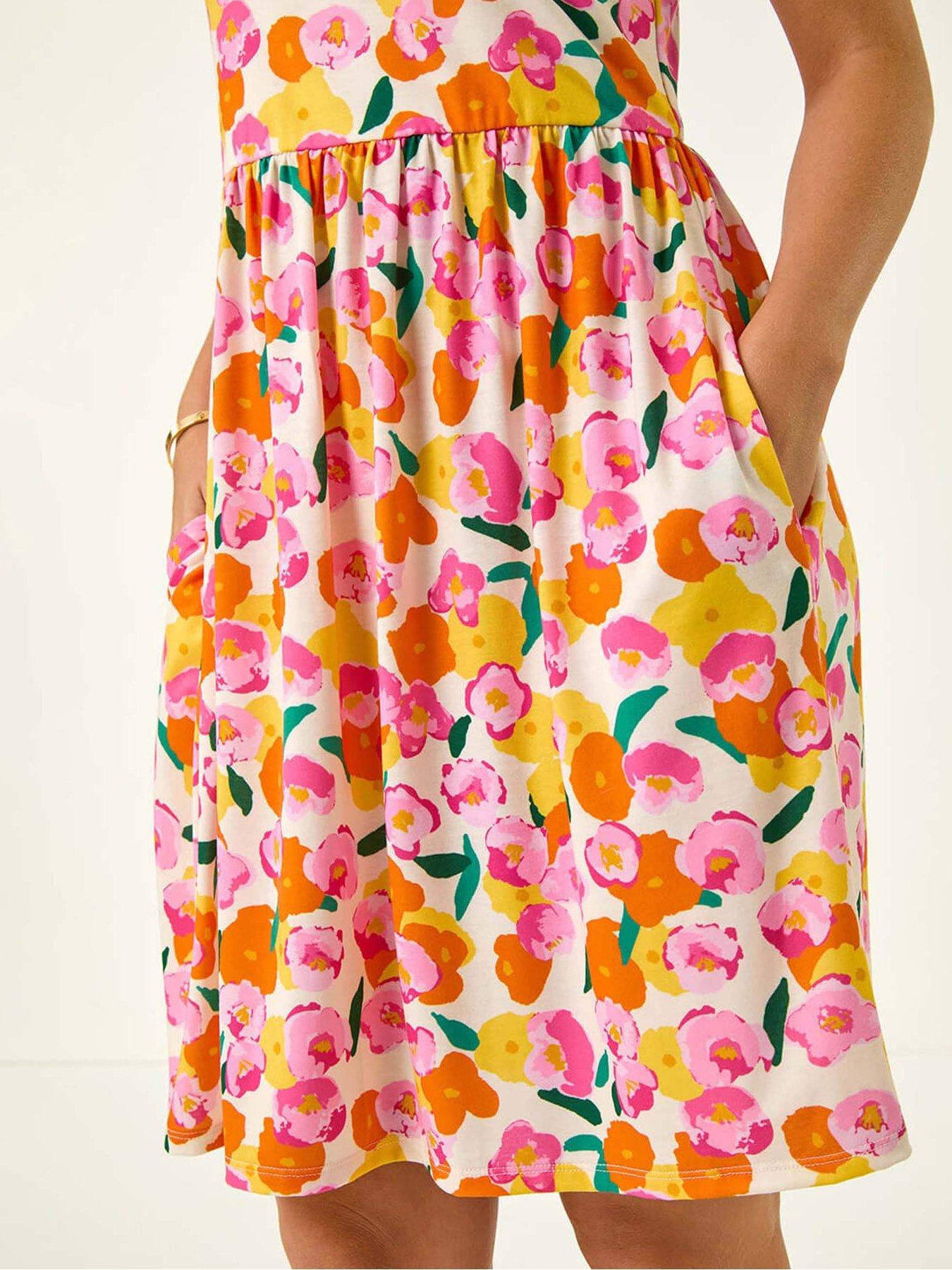 Image 5 of 5 of Roman Petite Floral Print Strappy Stretch Dress - Orange