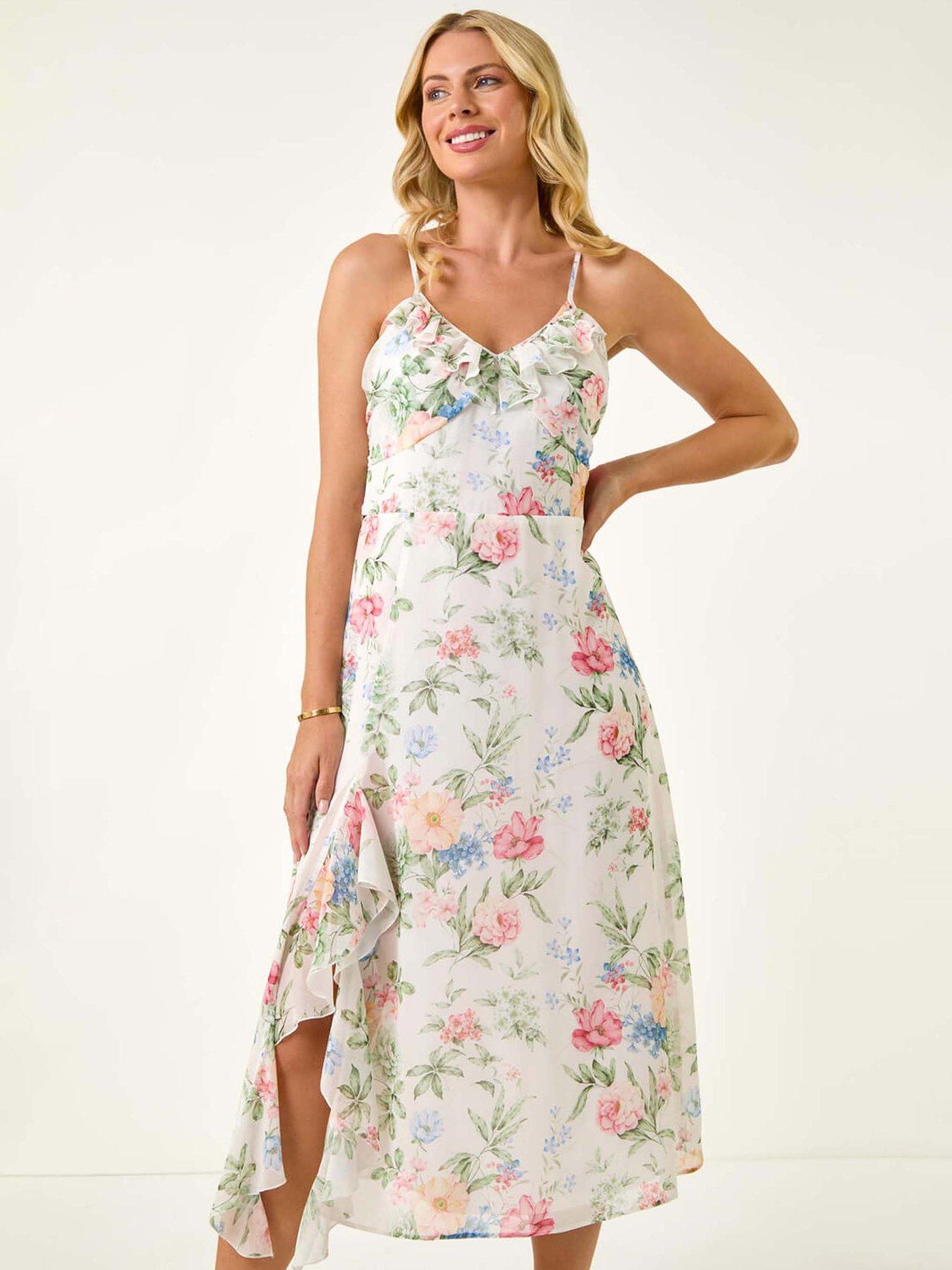 undefined Petite Floral Frill Midi Dress - Ivory