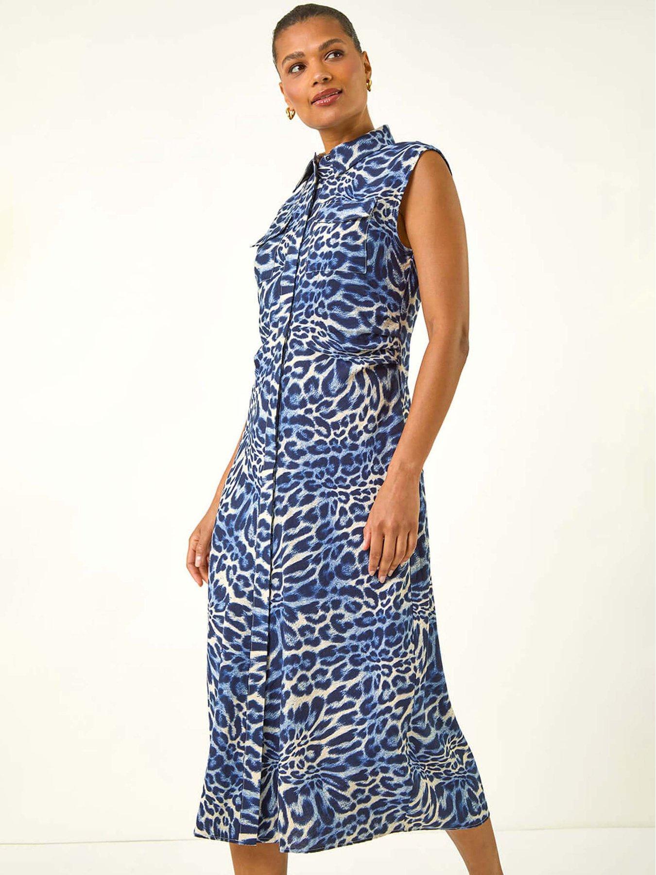 undefined Animal Print Gathered Shirt Dress - Blue