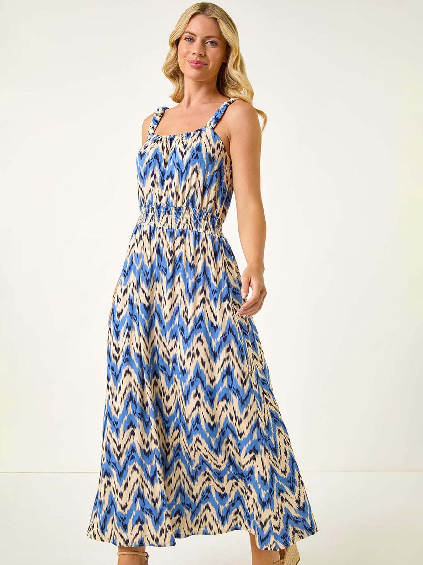 undefined Petite Abstract Shirred Waist Midi Dress - Blue