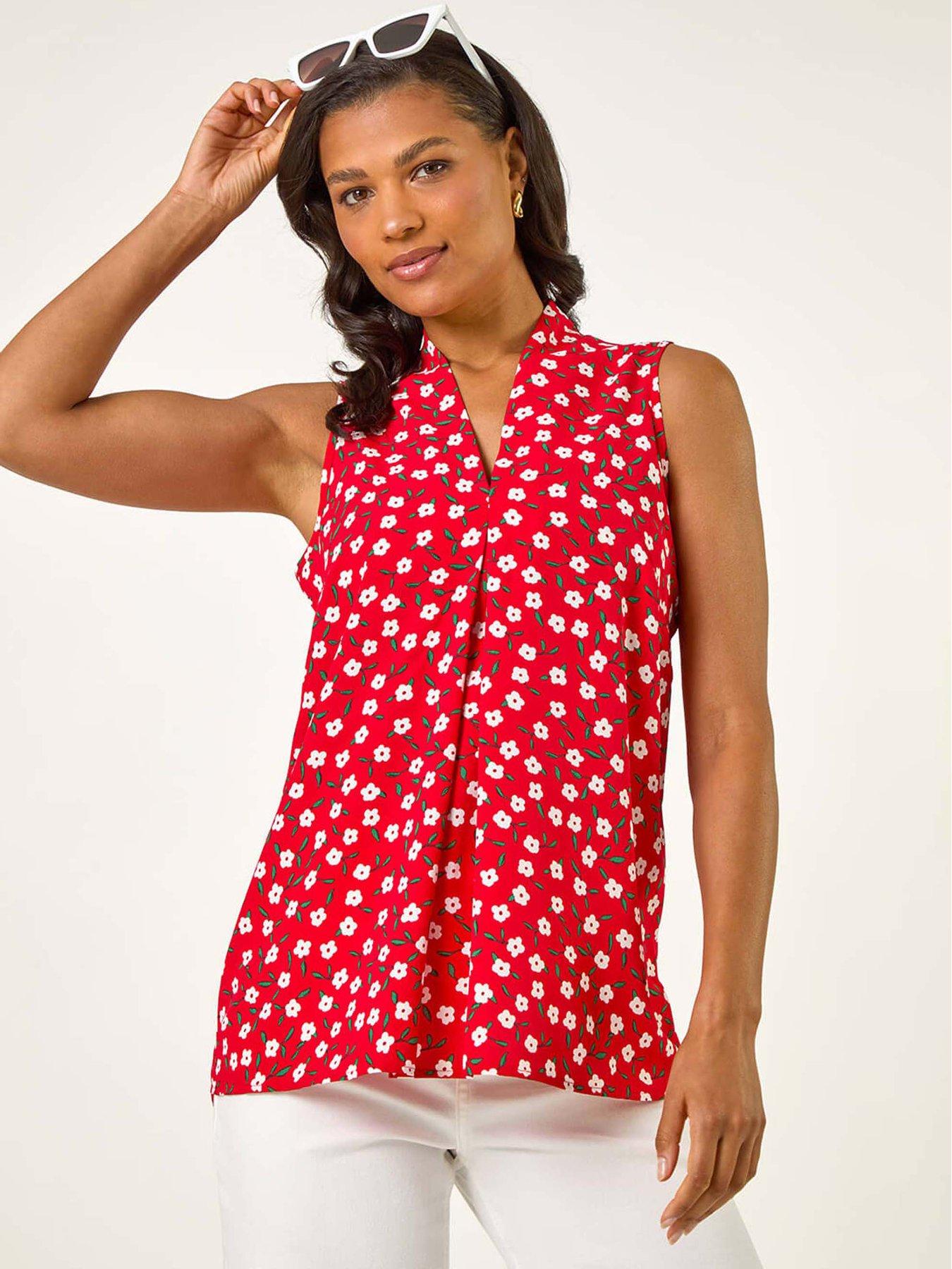 undefined Floral Pleat Front Vest Top - Red
