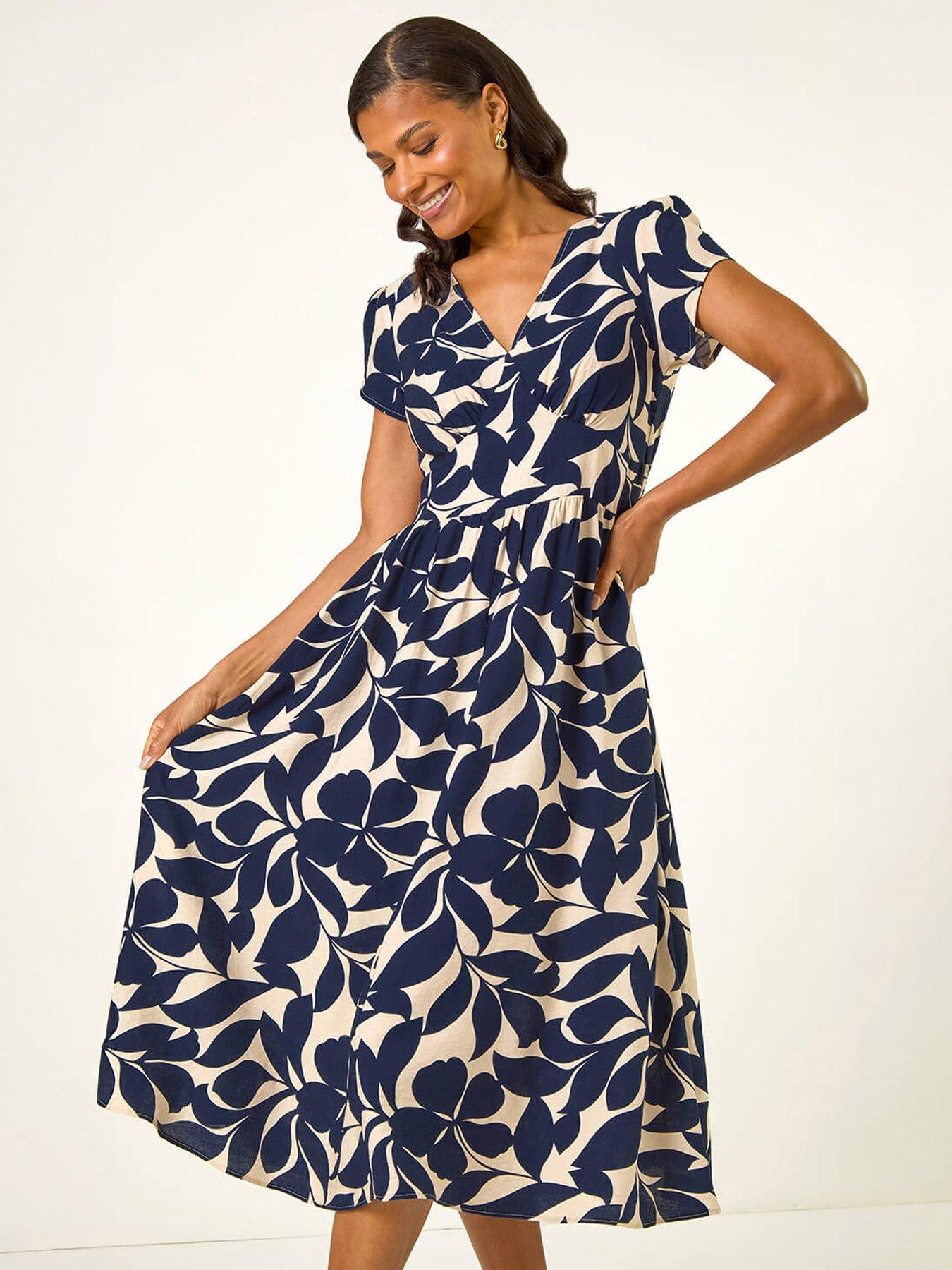 Roman Leaf Print V-Neck Midi Dress - Navy