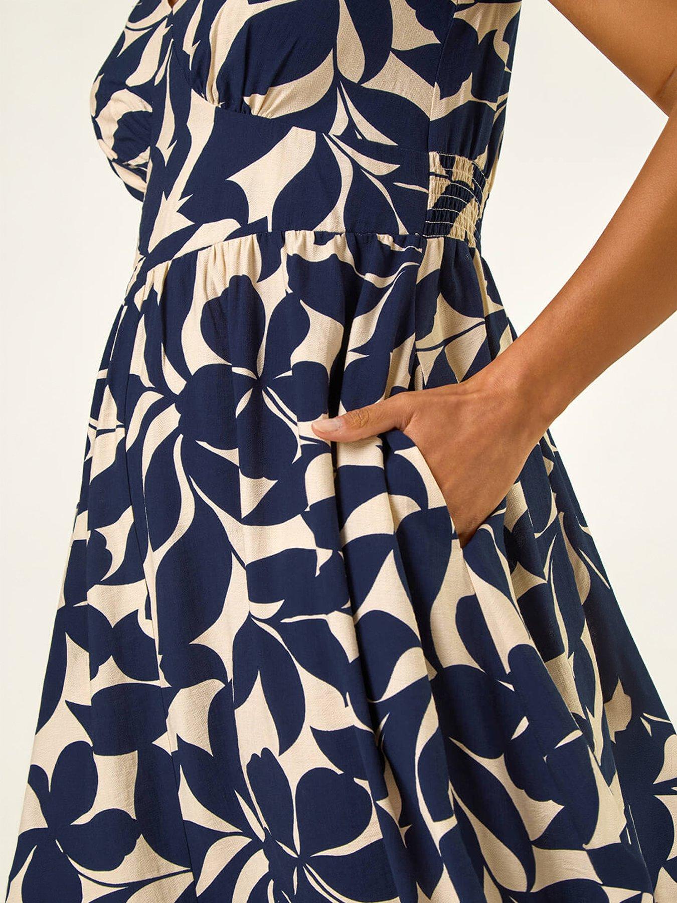 Image 2 of 5 of Roman Leaf Print V-Neck Midi Dress - Navy