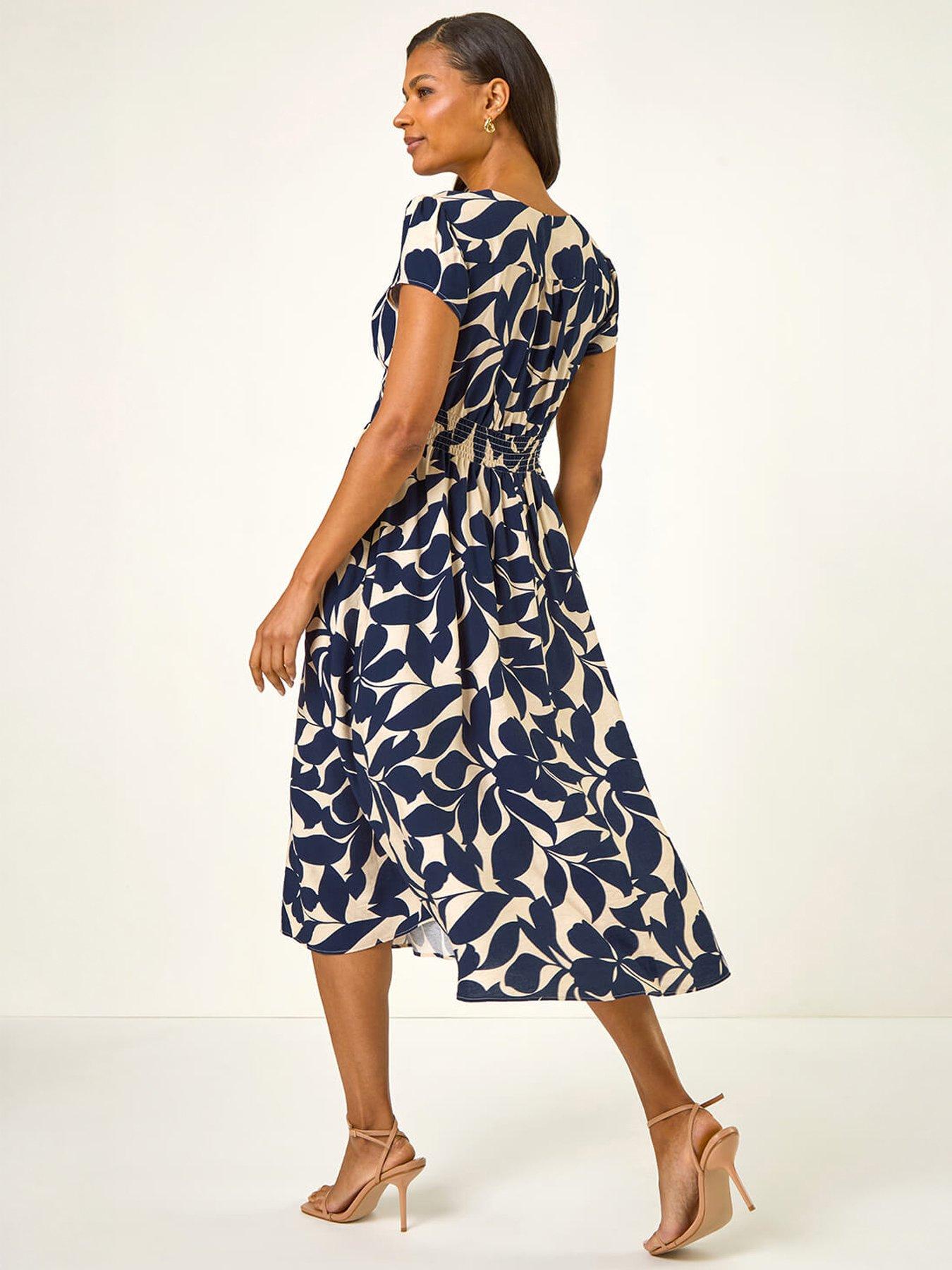 Image 4 of 5 of Roman Leaf Print V-Neck Midi Dress - Navy
