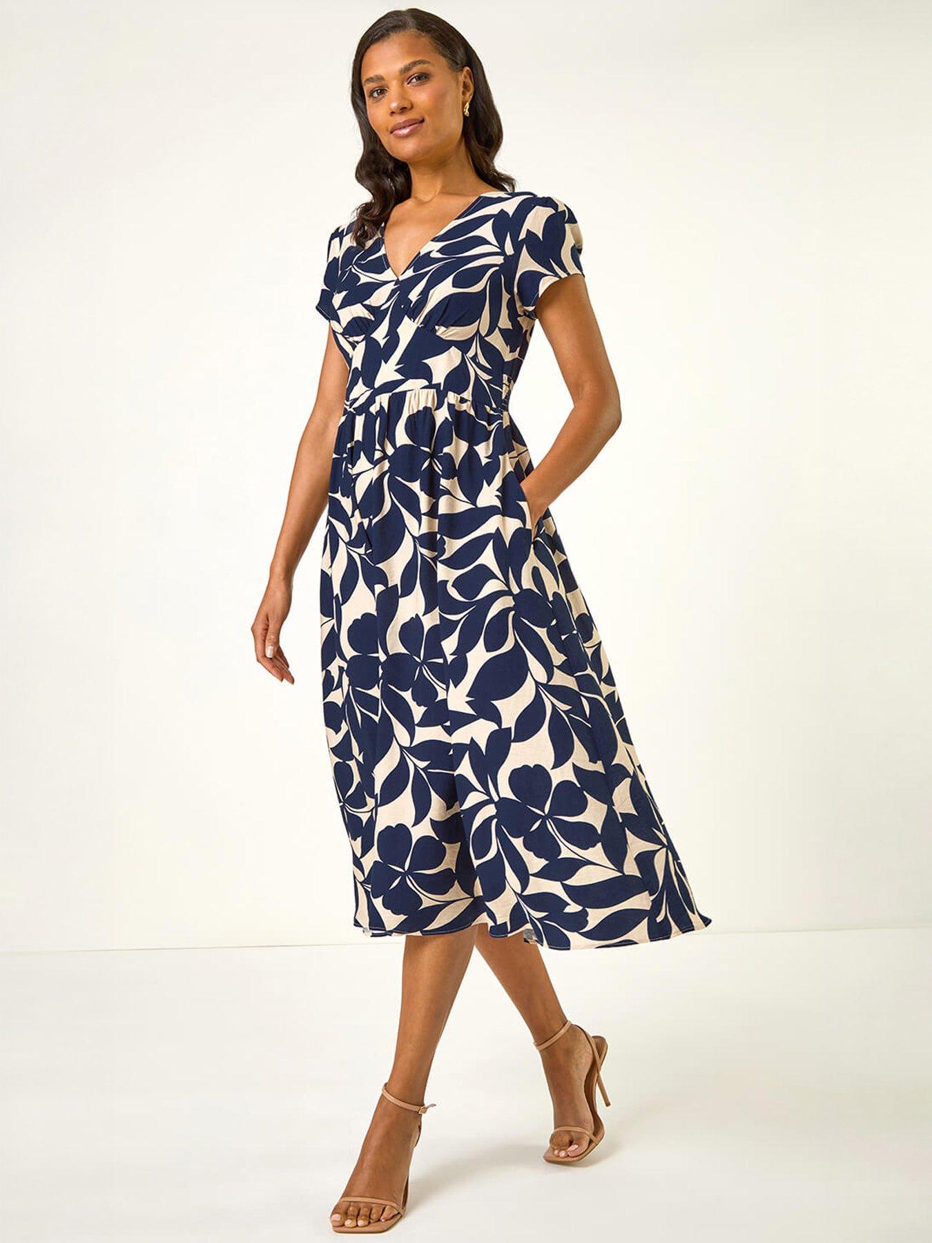 Image 5 of 5 of Roman Leaf Print V-Neck Midi Dress - Navy