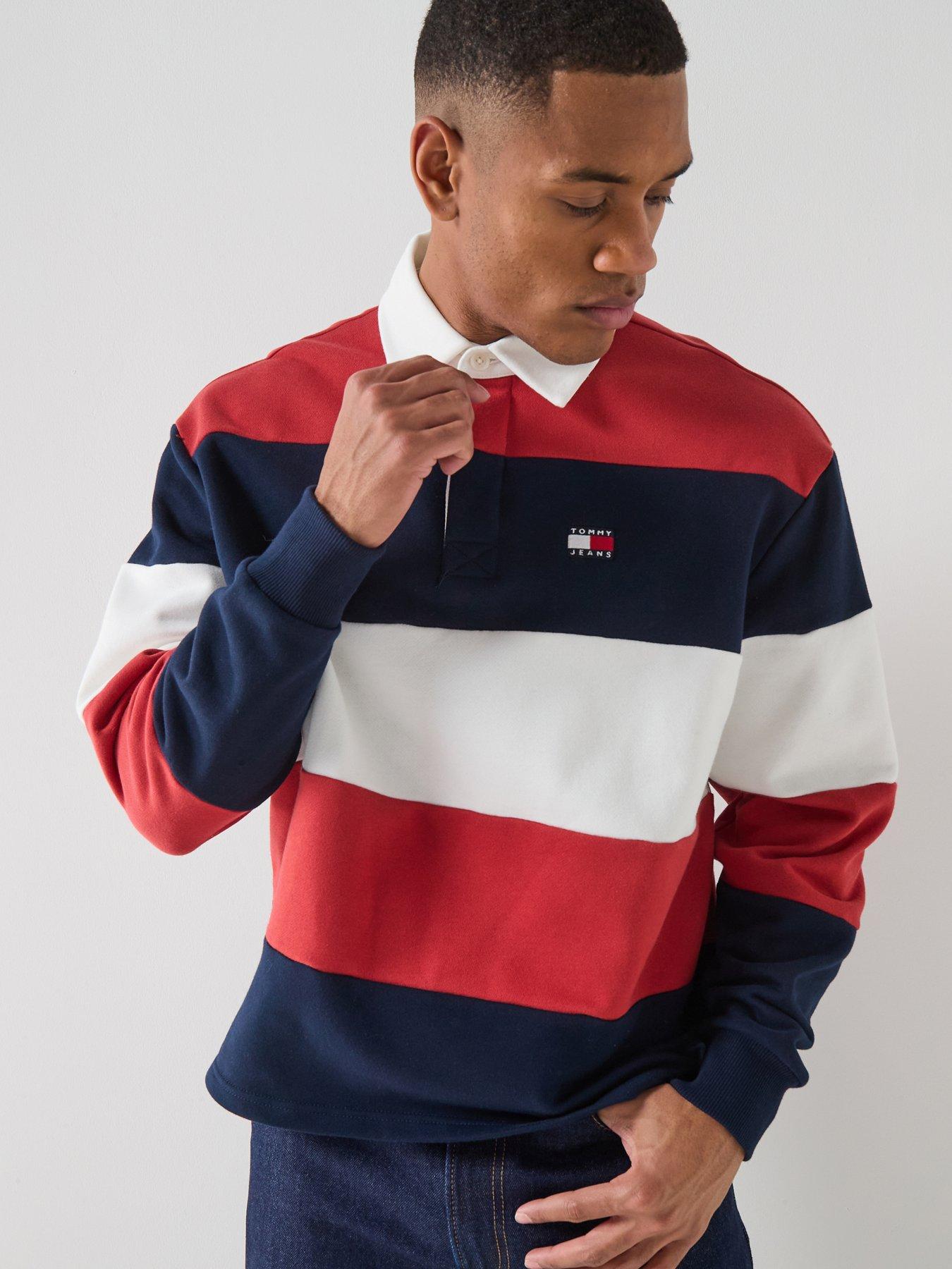 Tommy Jeans Relaxed Fit Badge Stripe Jersey Rugby Polo Shirt - Red/Blue/White