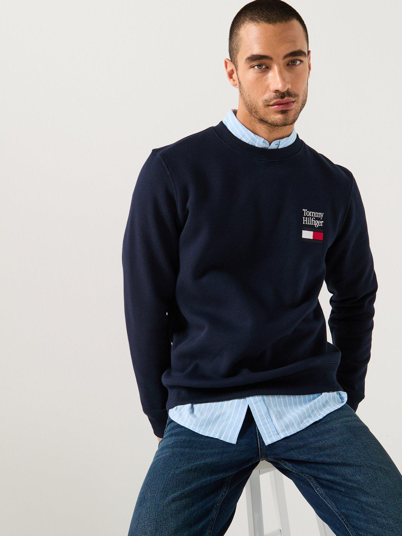 Tommy Hilfiger Embroidered Small Flag Crew Sweatshirt, Navy, Size Xl, Men