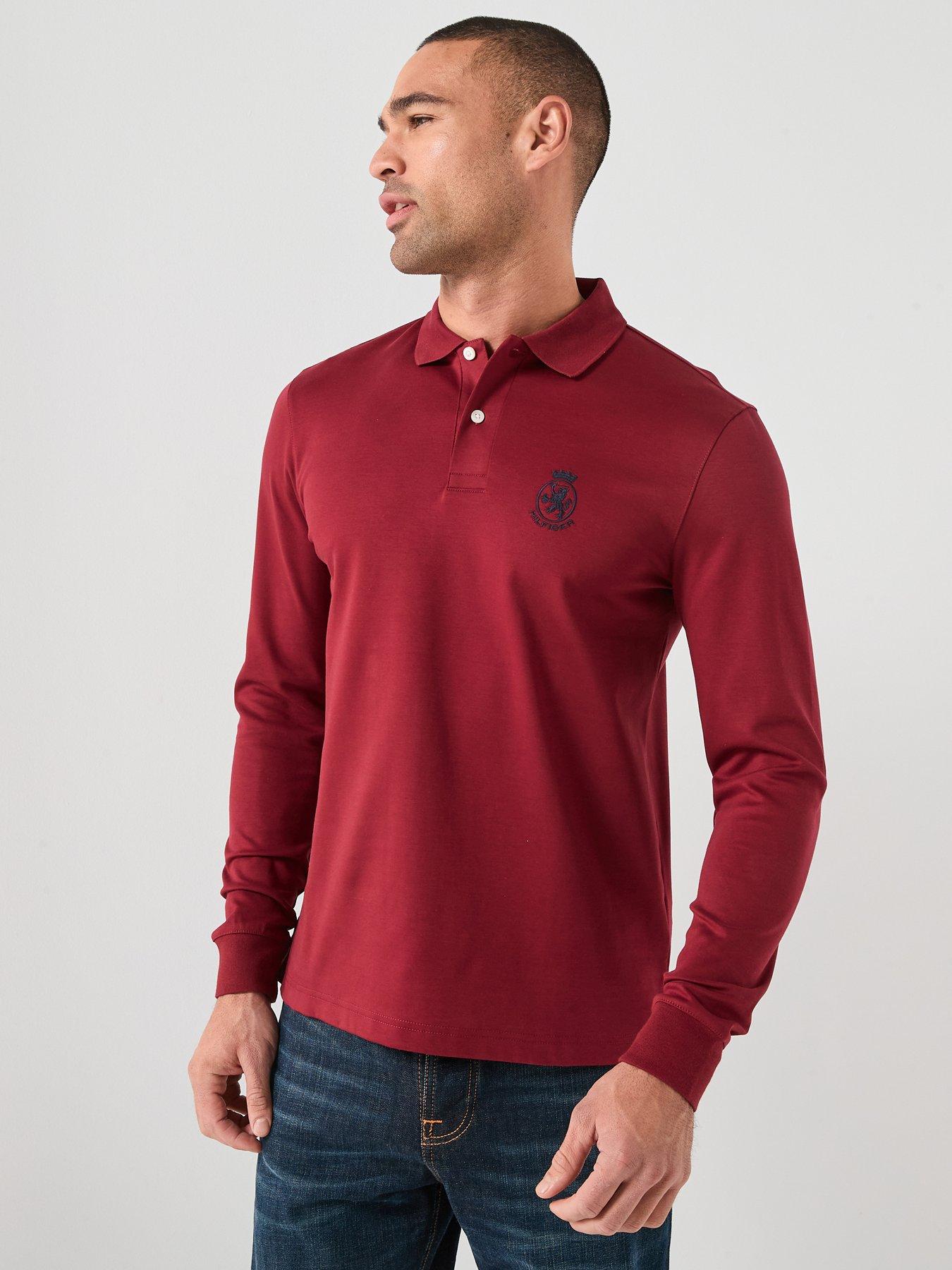 Tommy Hilfiger Crest Logo Interlock Long Sleeve Polo Shirt - Dark Red