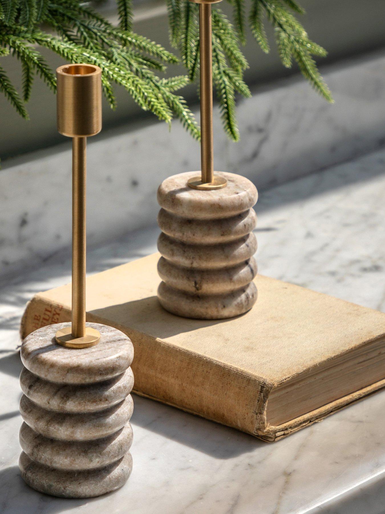 Gallery Direct Set Of 2 Beige Marble Candle Sticks With Brushed Gold Holder
