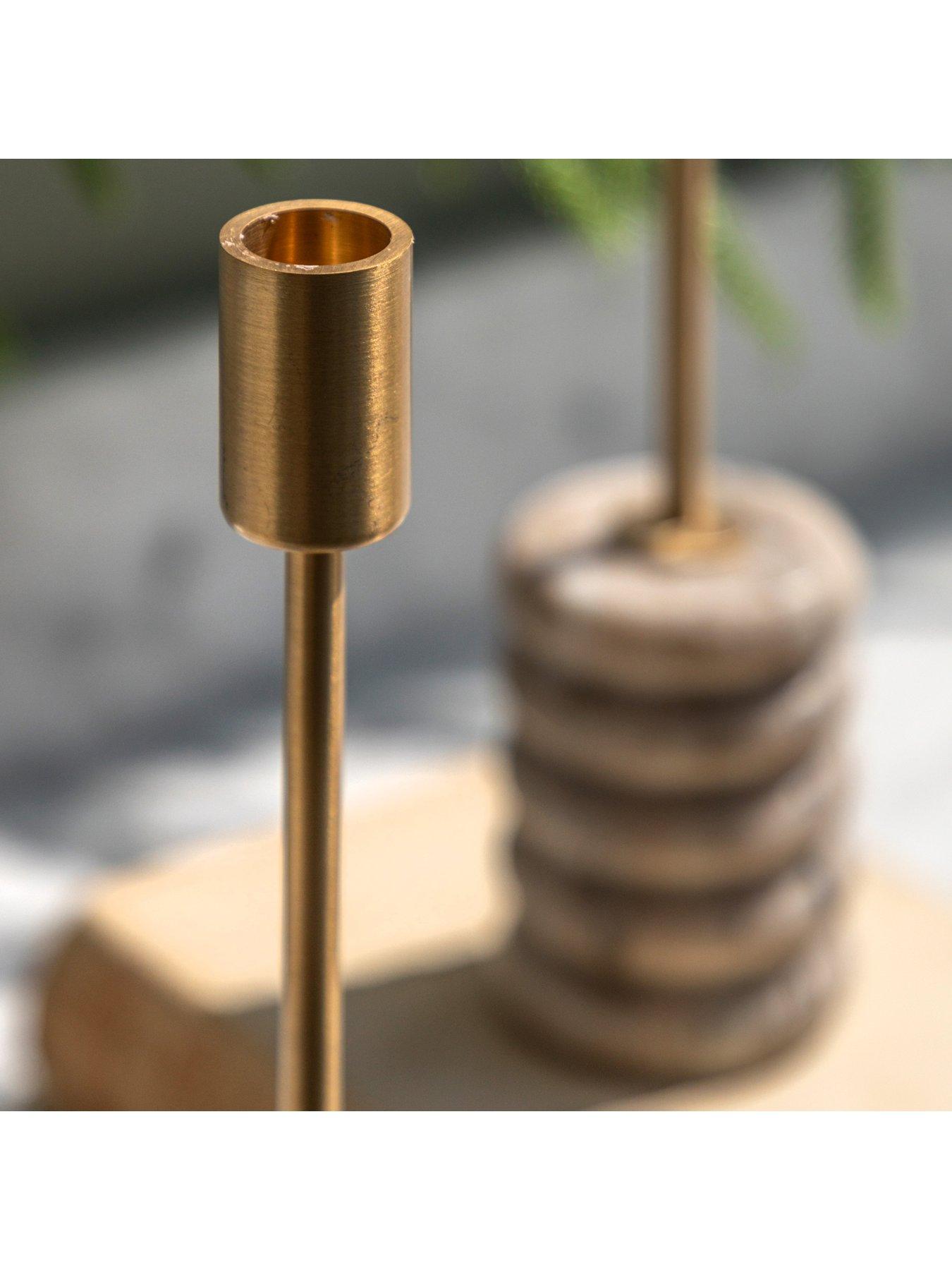 Image 4 of 6 of Gallery Direct Set Of 2 Beige Marble Candle Sticks With Brushed Gold Holder