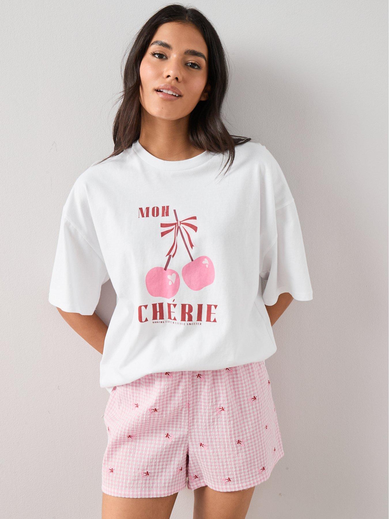 The Very Collection Short Sleeve Cherry Graphic Tshirt And Woven Short Pj Set - White
