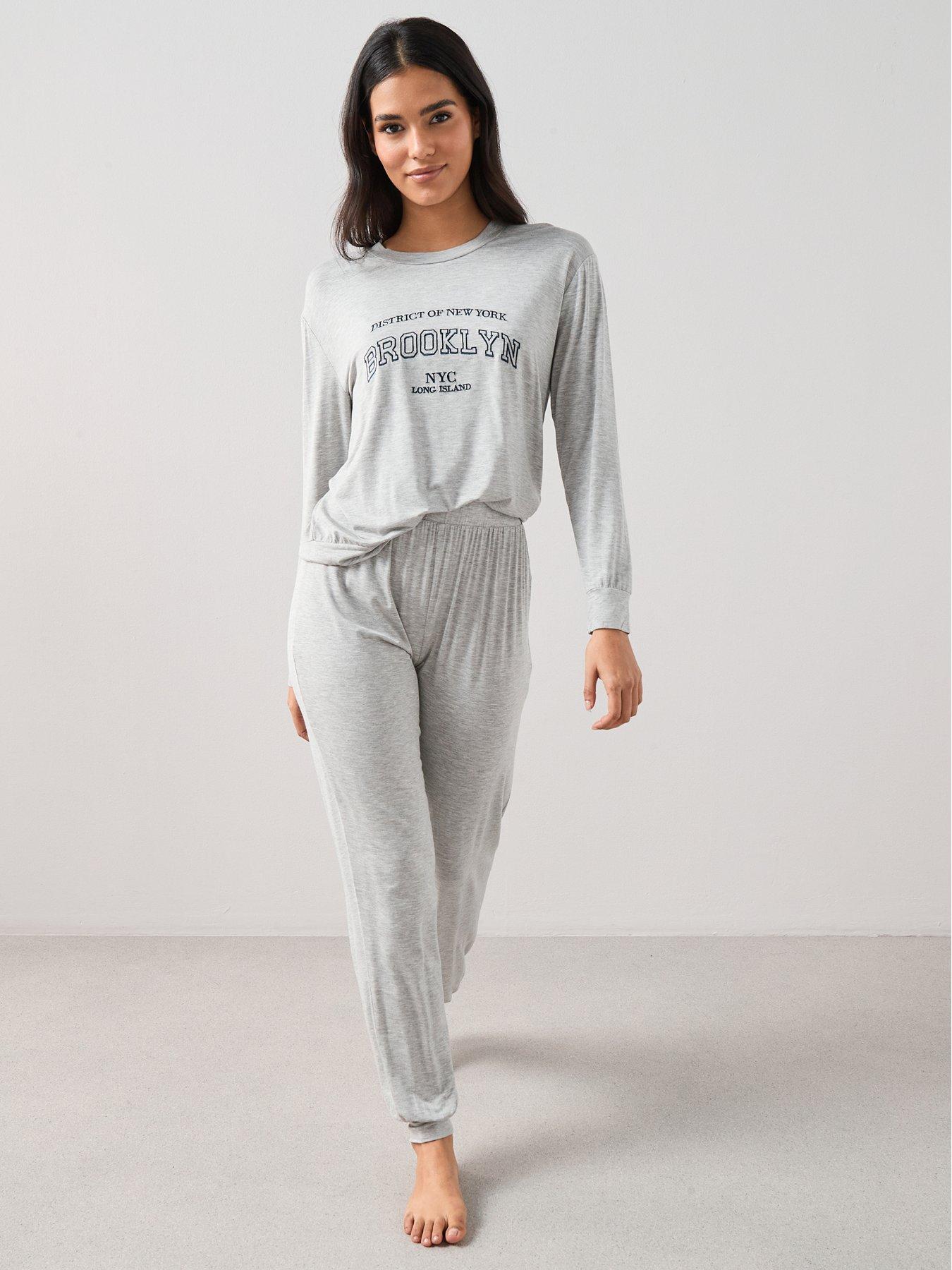 The Very Collection: Embroidered Slogan Long Sleeve Top And Jogger Pyjama Set - Grey