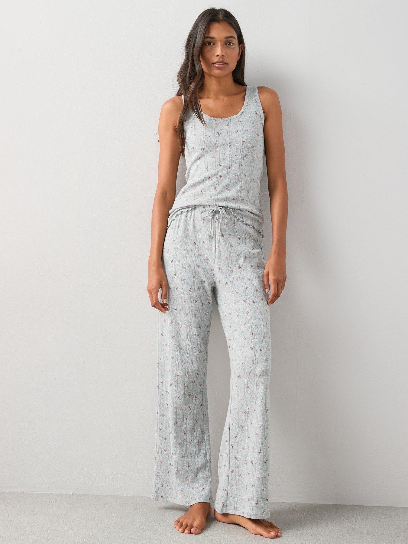 Image 1 of 7 of The Very Collection Pointelle Floral Vest And Wide Leg Pyjama Set - Grey