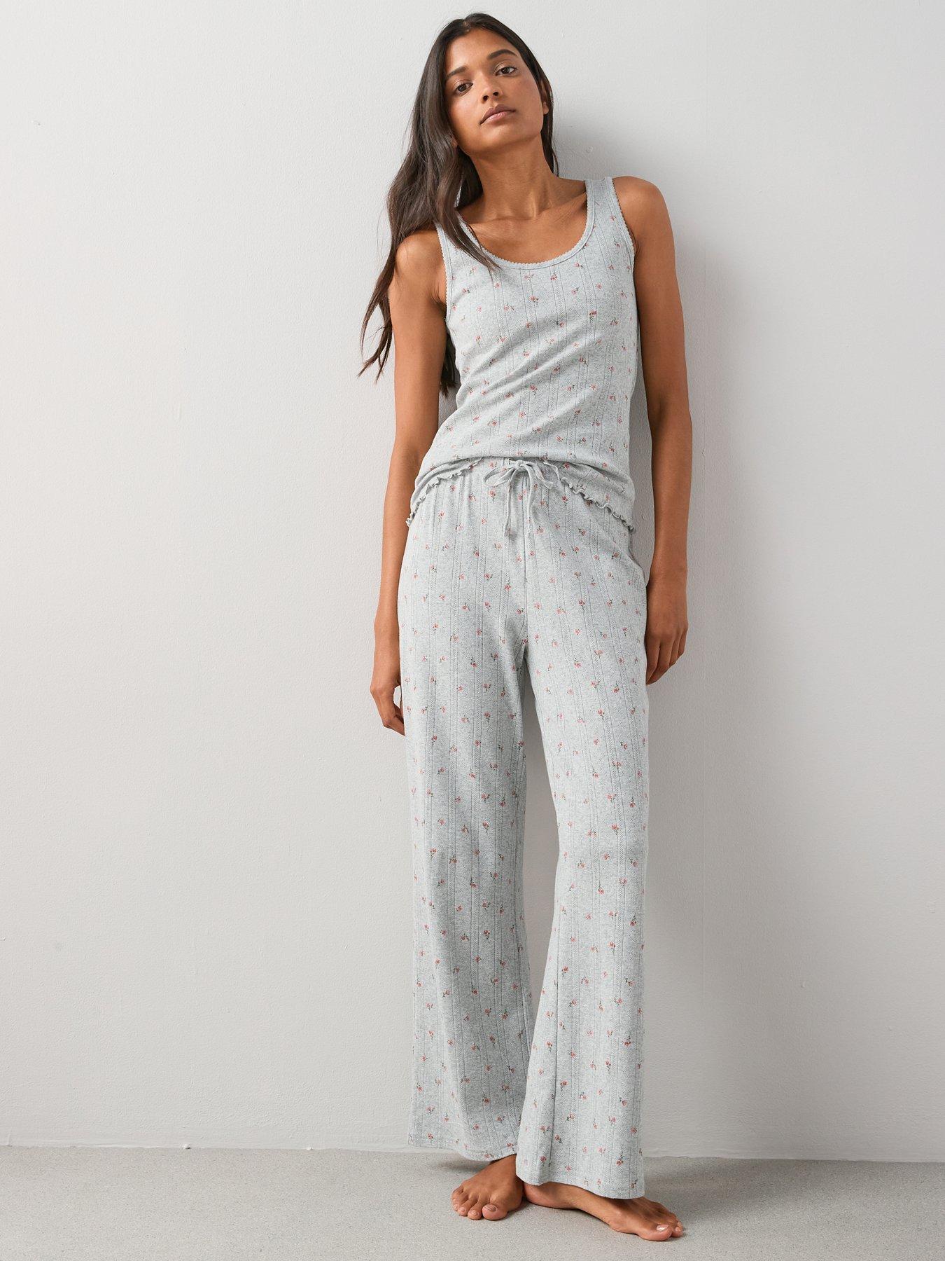 Image 3 of 7 of The Very Collection Pointelle Floral Vest And Wide Leg Pyjama Set - Grey