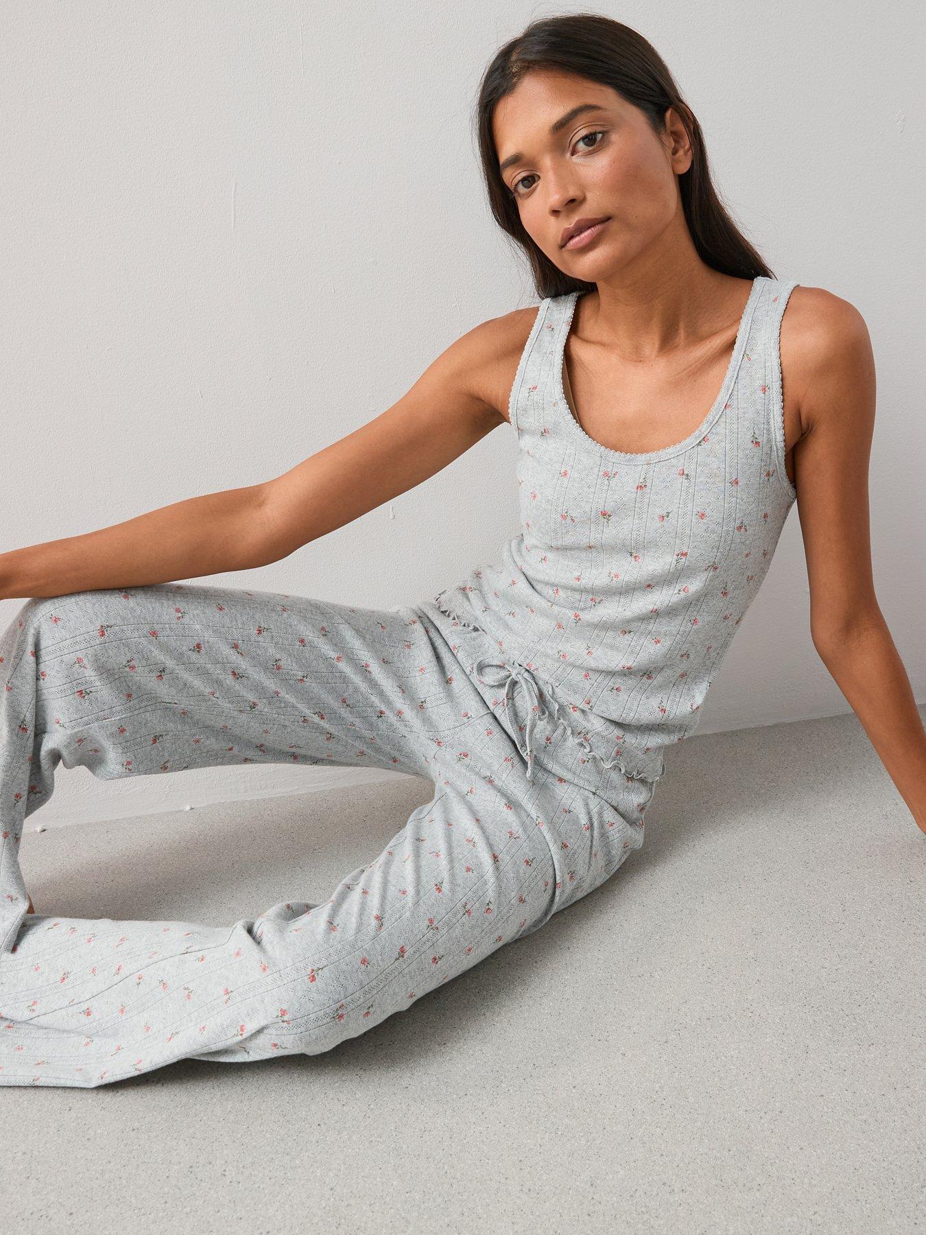 Image 4 of 7 of The Very Collection Pointelle Floral Vest And Wide Leg Pyjama Set - Grey