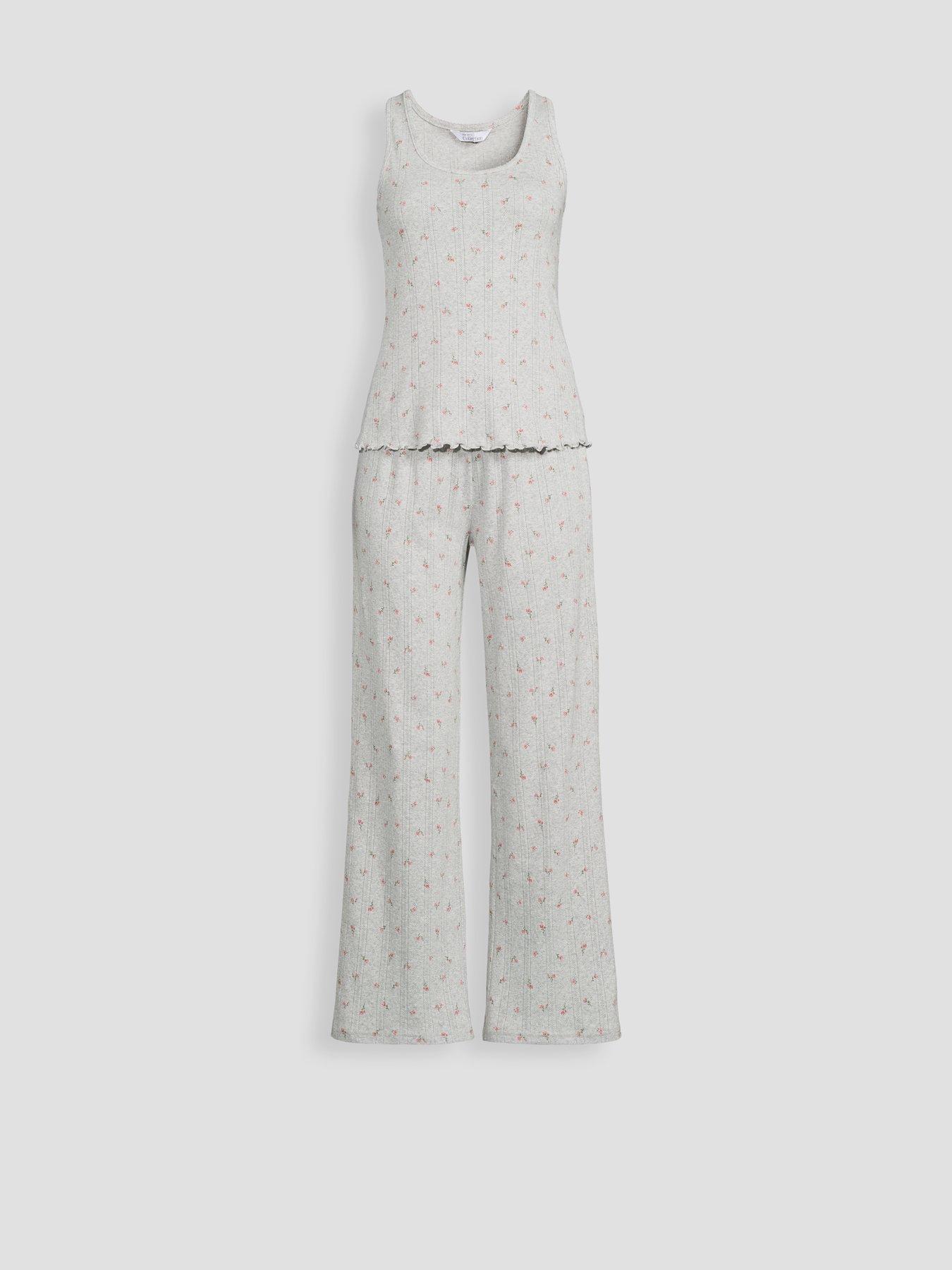 Image 7 of 7 of The Very Collection Pointelle Floral Vest And Wide Leg Pyjama Set - Grey