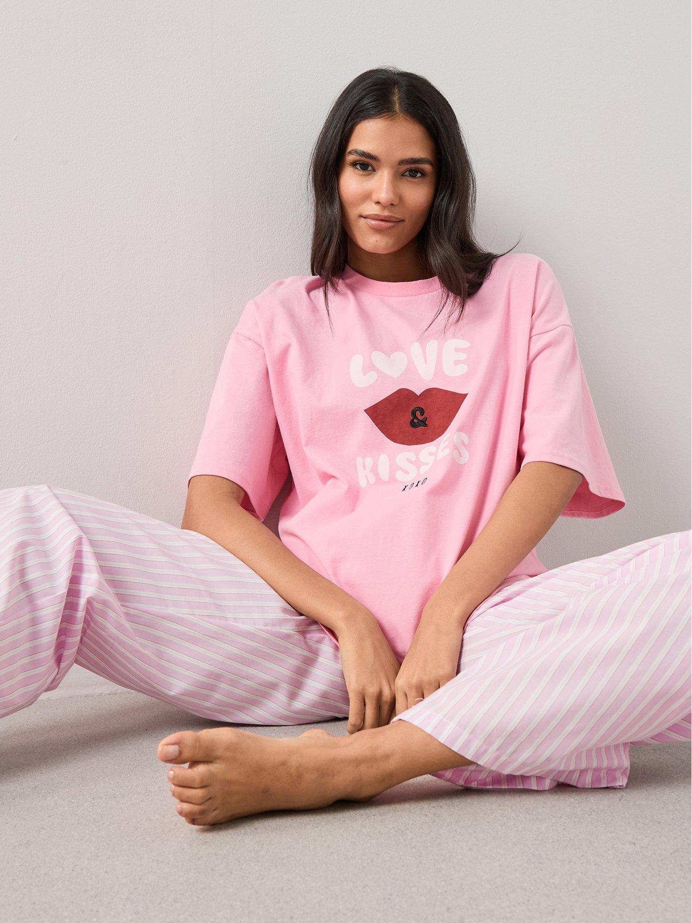 The Very Collection Love And Kisses Oversized Cotton Tshirt And Woven Stripe Bottom Pj Set - Pink