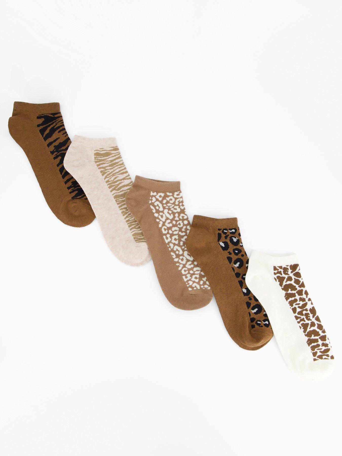The Very Collection 5 Pack Animal Print Trainer Socks - Beige