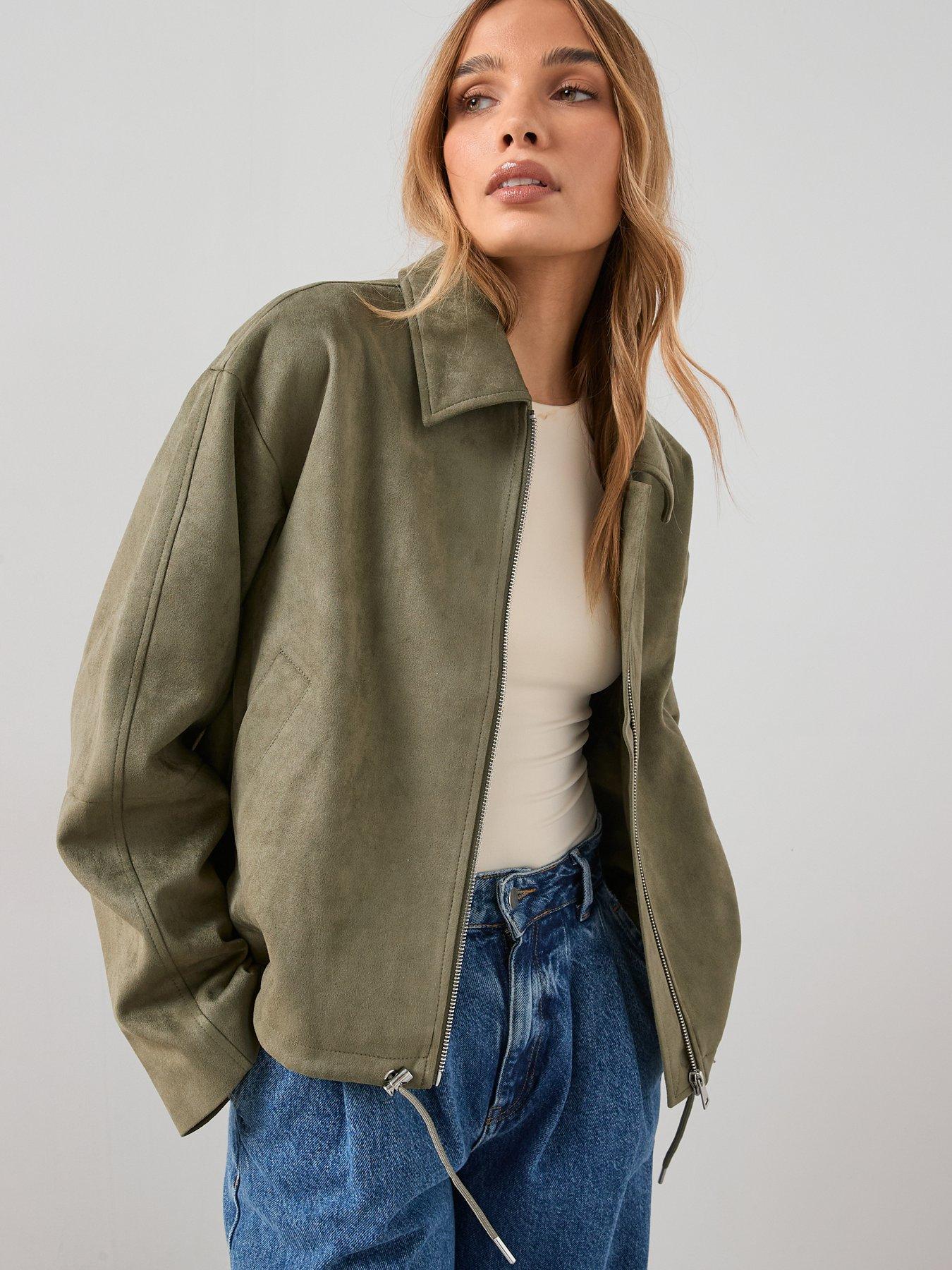 Image 1 of 6 of The Very Collection Faux Suede Adjustable Hem Jacket - Khaki
