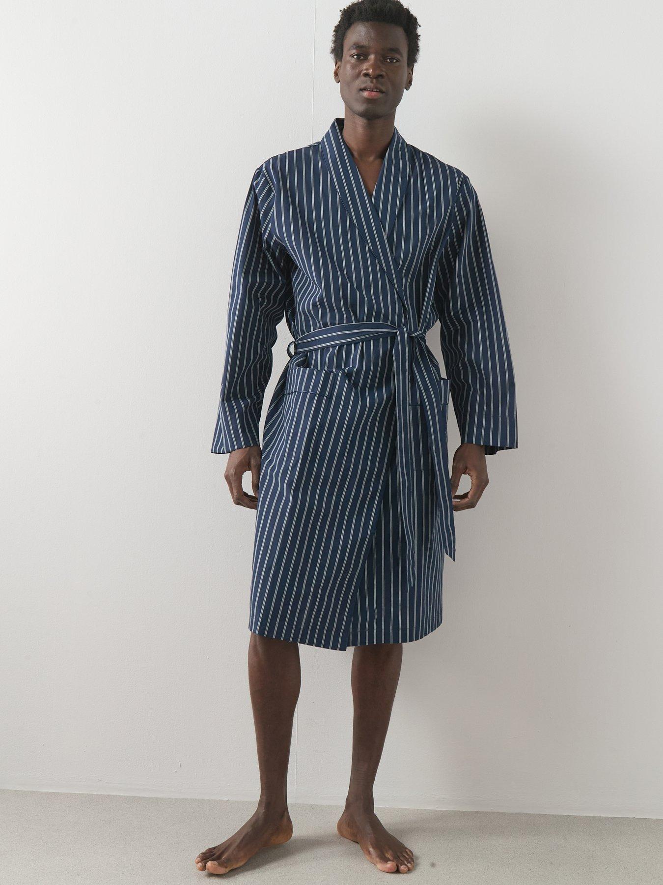 The Very Collection: Pure Cotton Woven Striped Dressing Gown - Navy