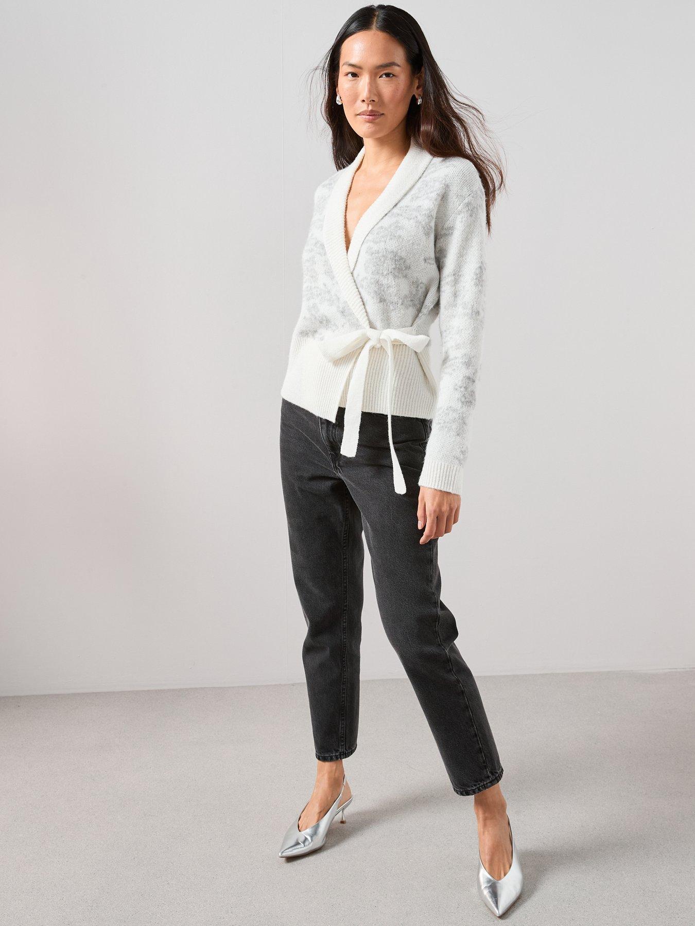 Image 3 of 7 of The Very Collection Flower Jacquard Tie Wrap Cardigan With Wool - Multi
