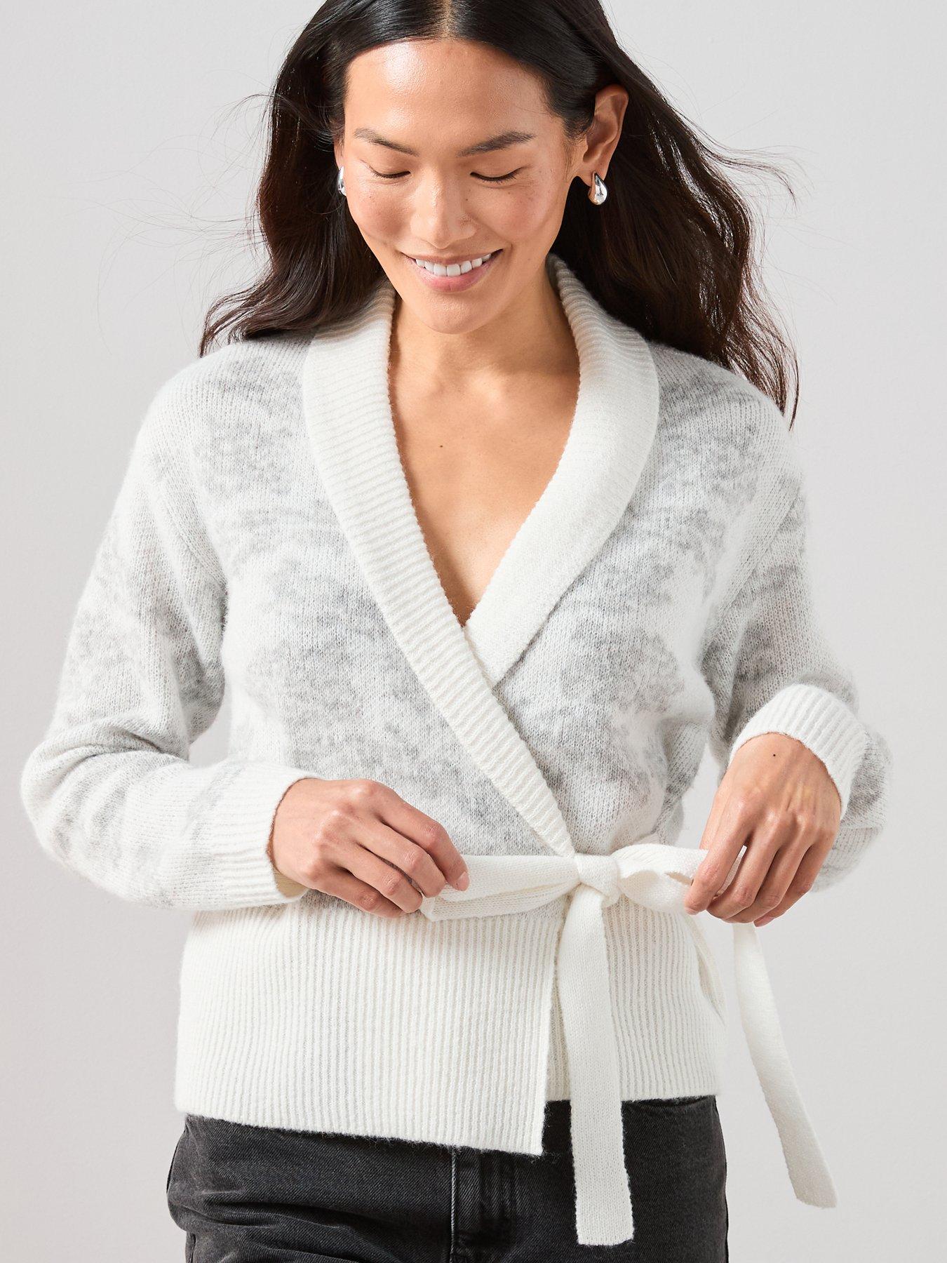 Image 4 of 7 of The Very Collection Flower Jacquard Tie Wrap Cardigan With Wool - Multi