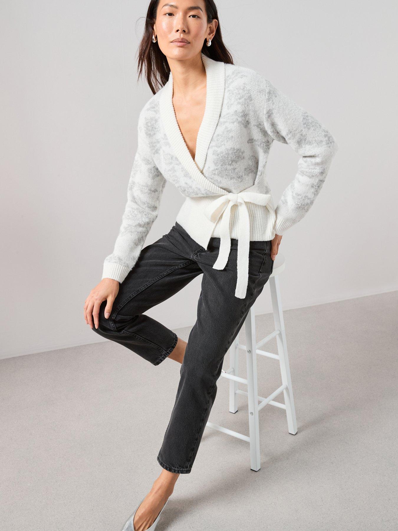 Image 6 of 7 of The Very Collection Flower Jacquard Tie Wrap Cardigan With Wool - Multi