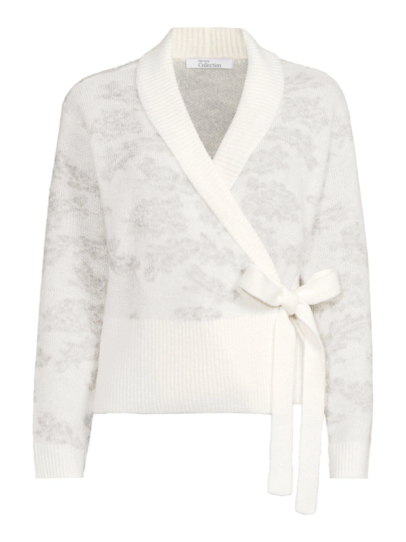 Image 7 of 7 of The Very Collection Flower Jacquard Tie Wrap Cardigan With Wool - Multi
