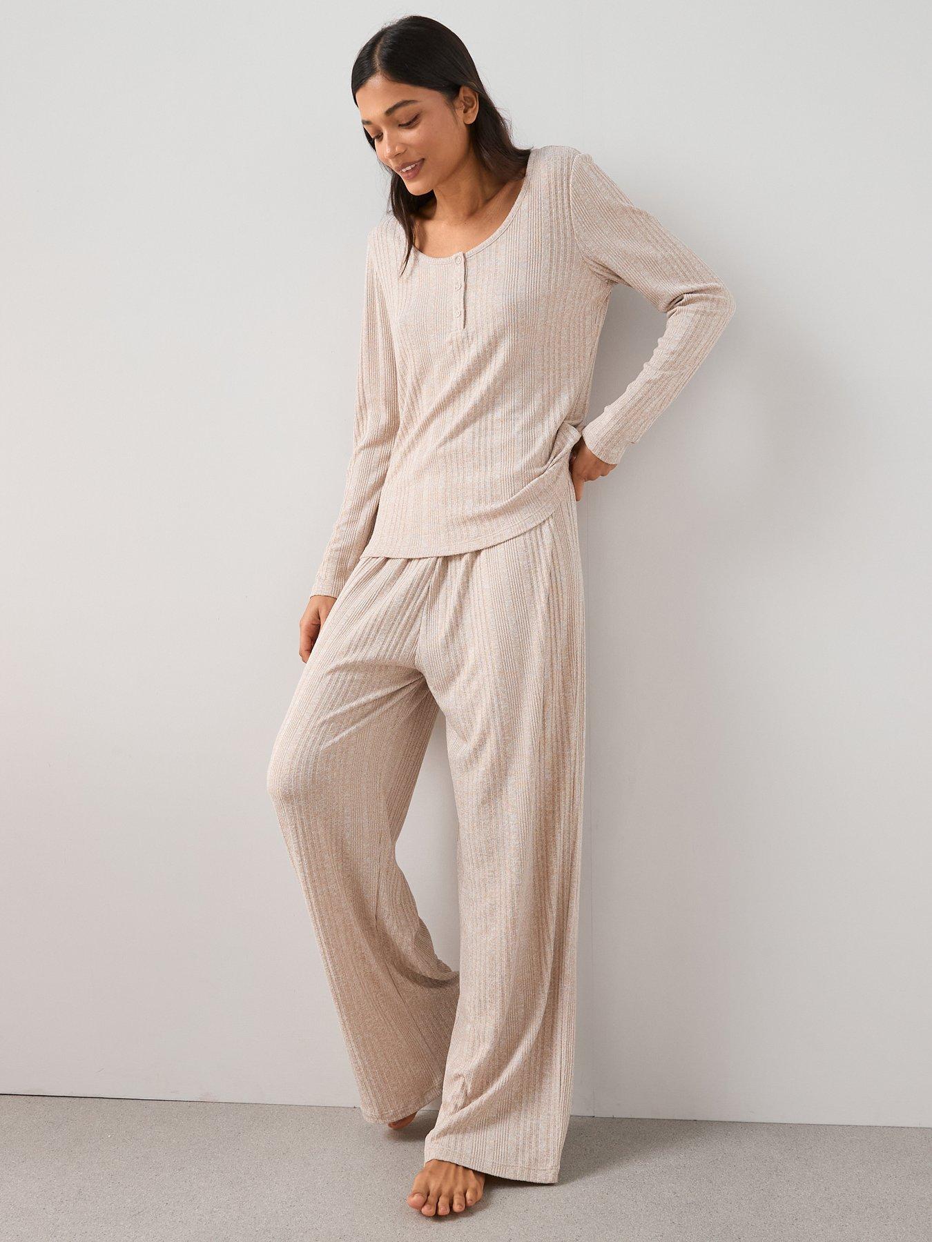 Image 1 of 6 of The Very Collection Ribbed Henley Long Sleeve Top And Wide Leg Pyjama Set - Beige