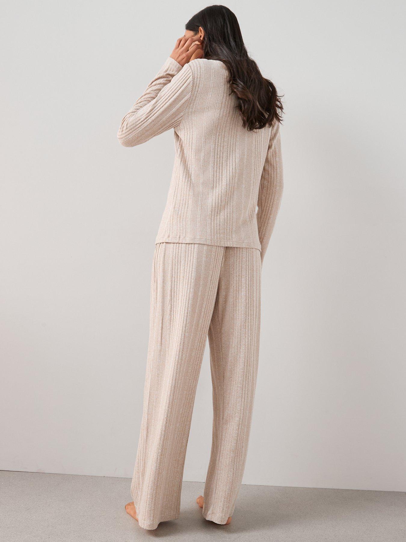 Image 2 of 6 of The Very Collection Ribbed Henley Long Sleeve Top And Wide Leg Pyjama Set - Beige