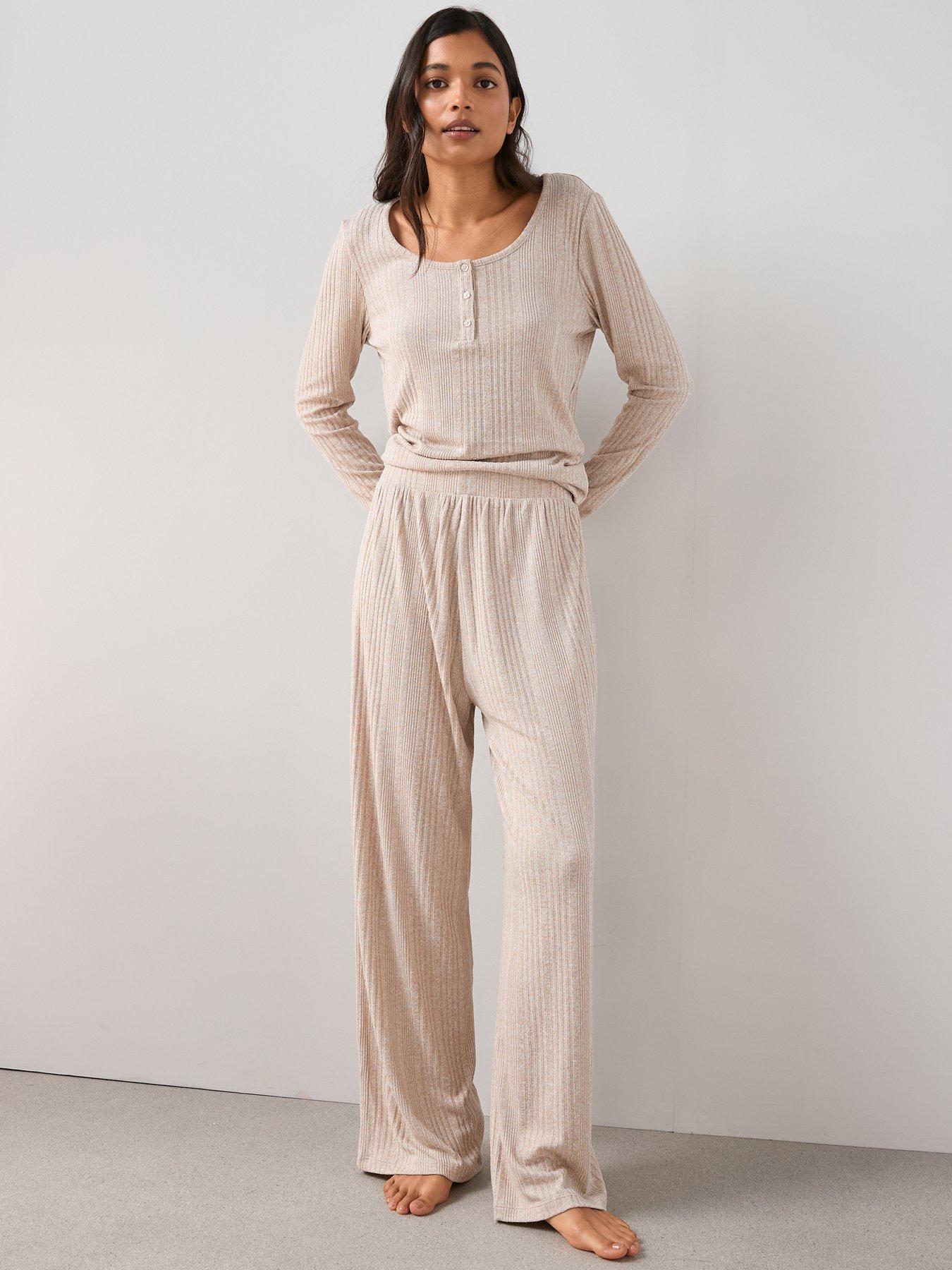 Image 3 of 6 of The Very Collection Ribbed Henley Long Sleeve Top And Wide Leg Pyjama Set - Beige