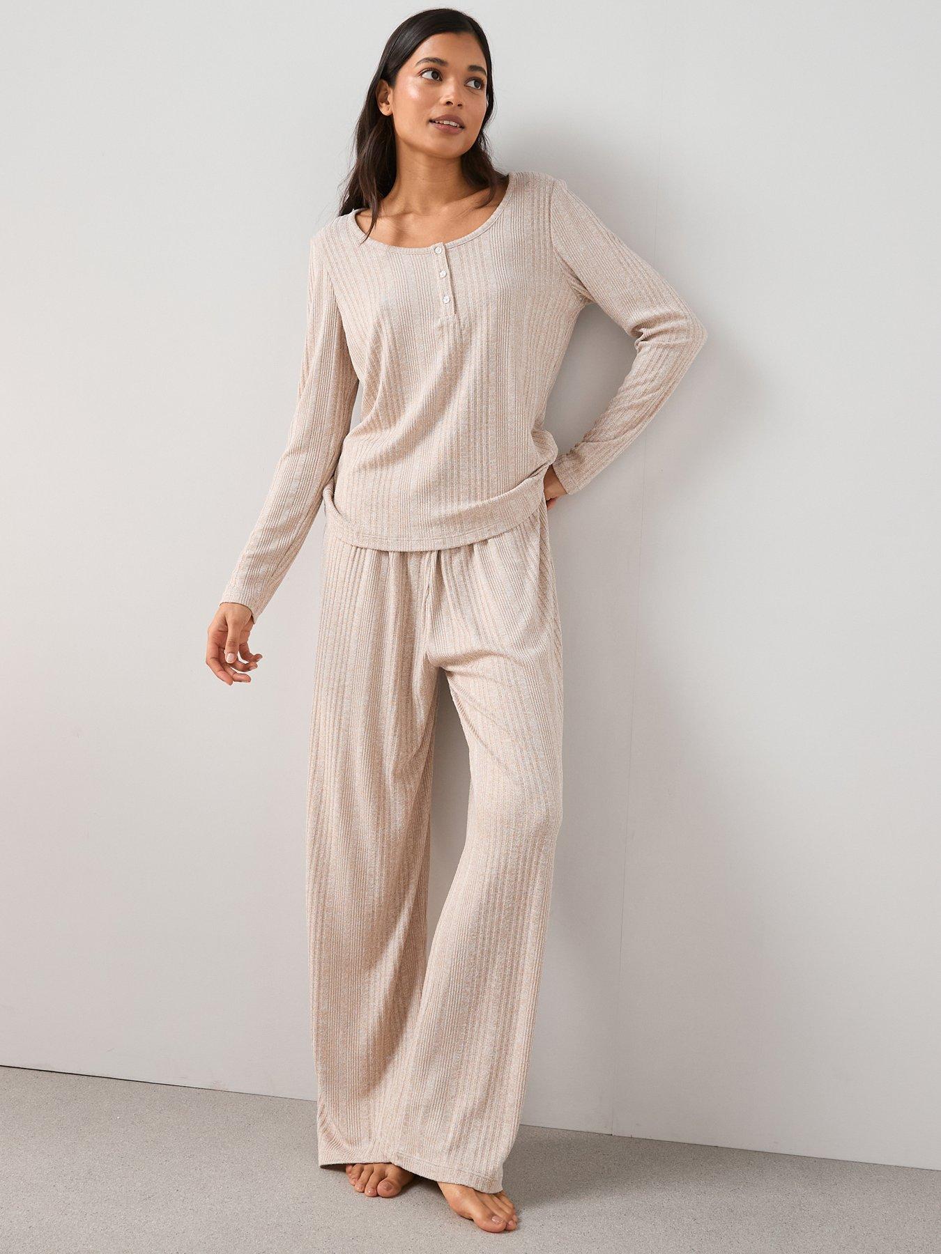 Image 4 of 6 of The Very Collection Ribbed Henley Long Sleeve Top And Wide Leg Pyjama Set - Beige