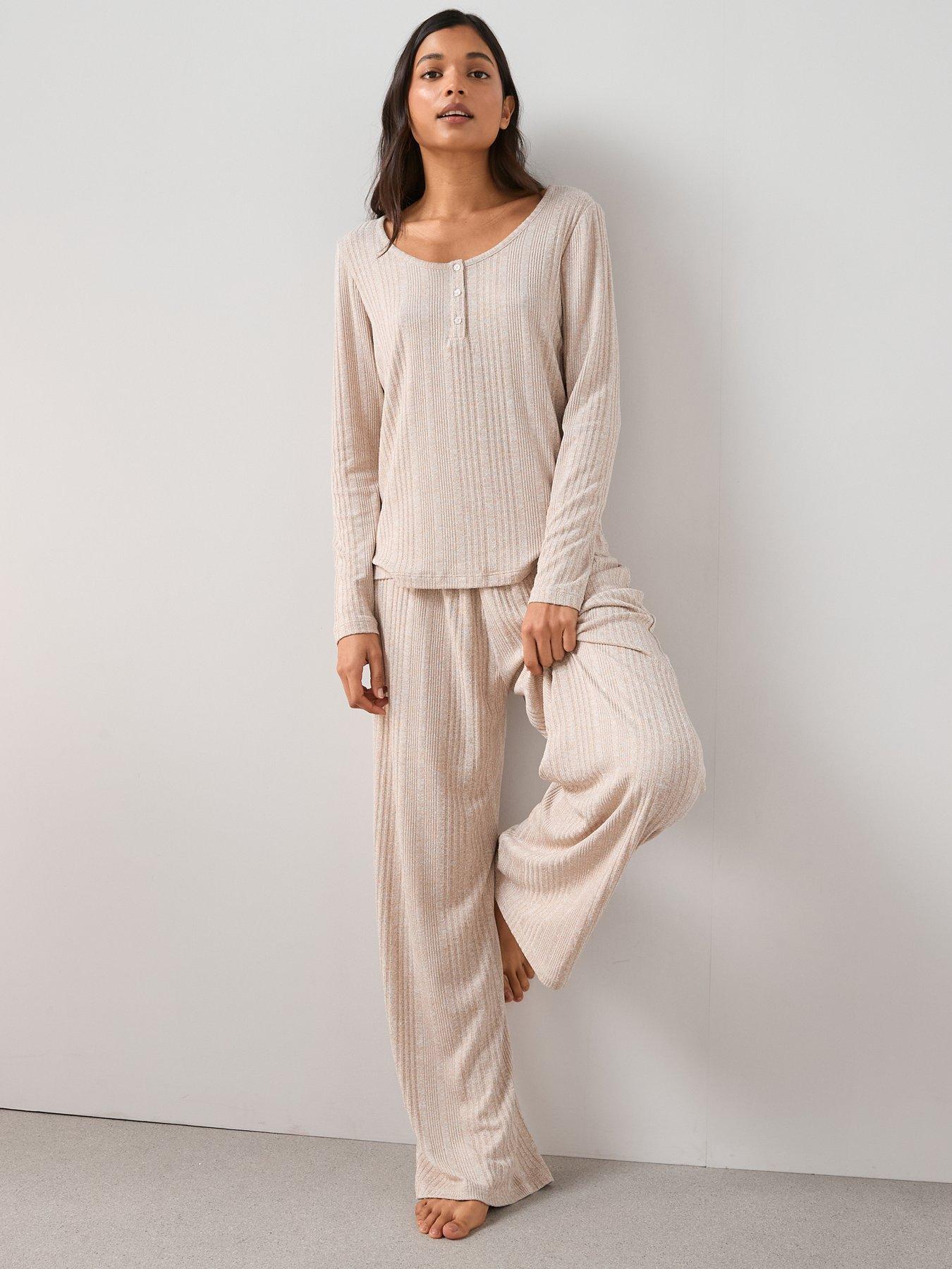 Image 5 of 6 of The Very Collection Ribbed Henley Long Sleeve Top And Wide Leg Pyjama Set - Beige