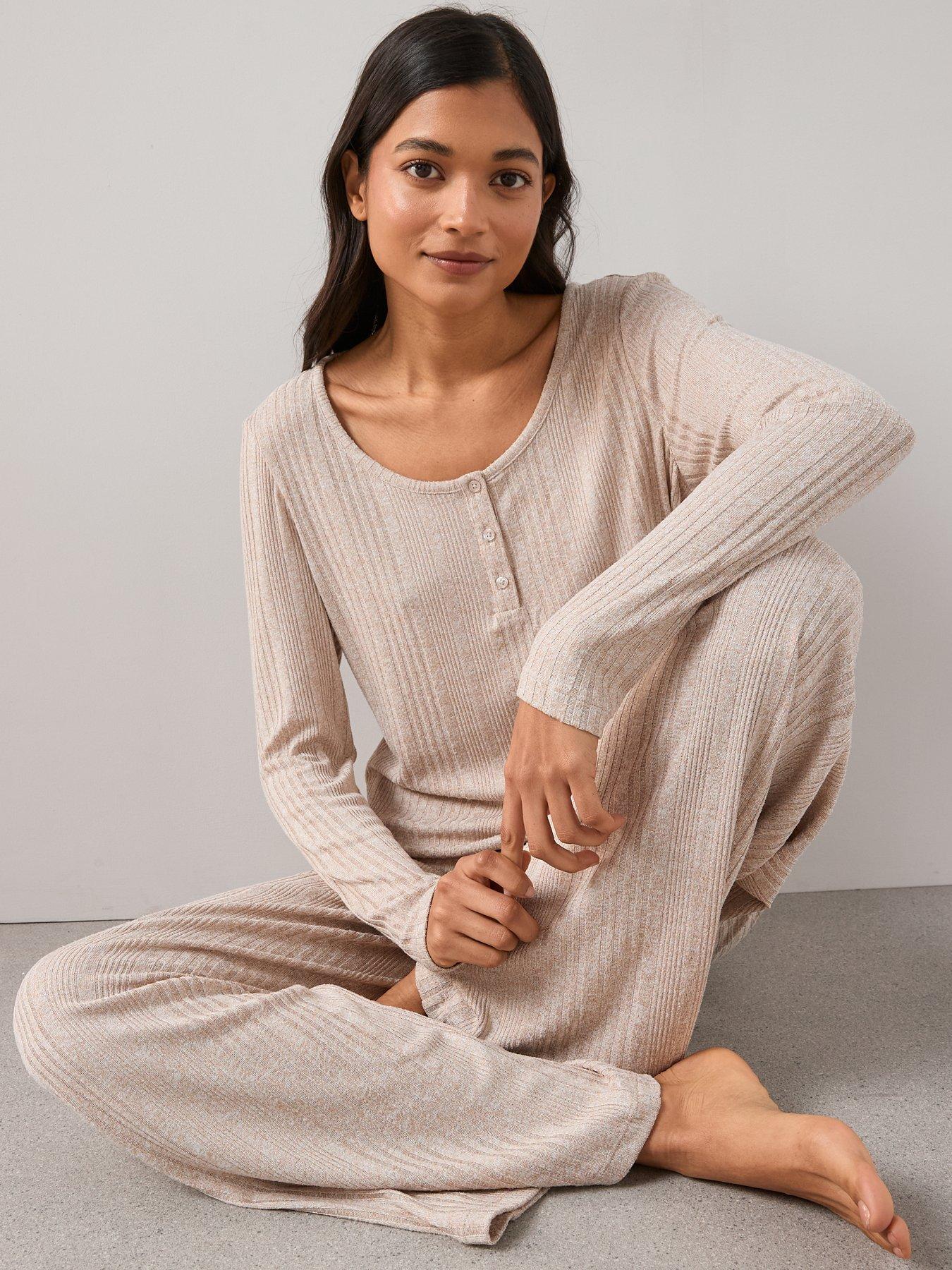 Image 6 of 6 of The Very Collection Ribbed Henley Long Sleeve Top And Wide Leg Pyjama Set - Beige