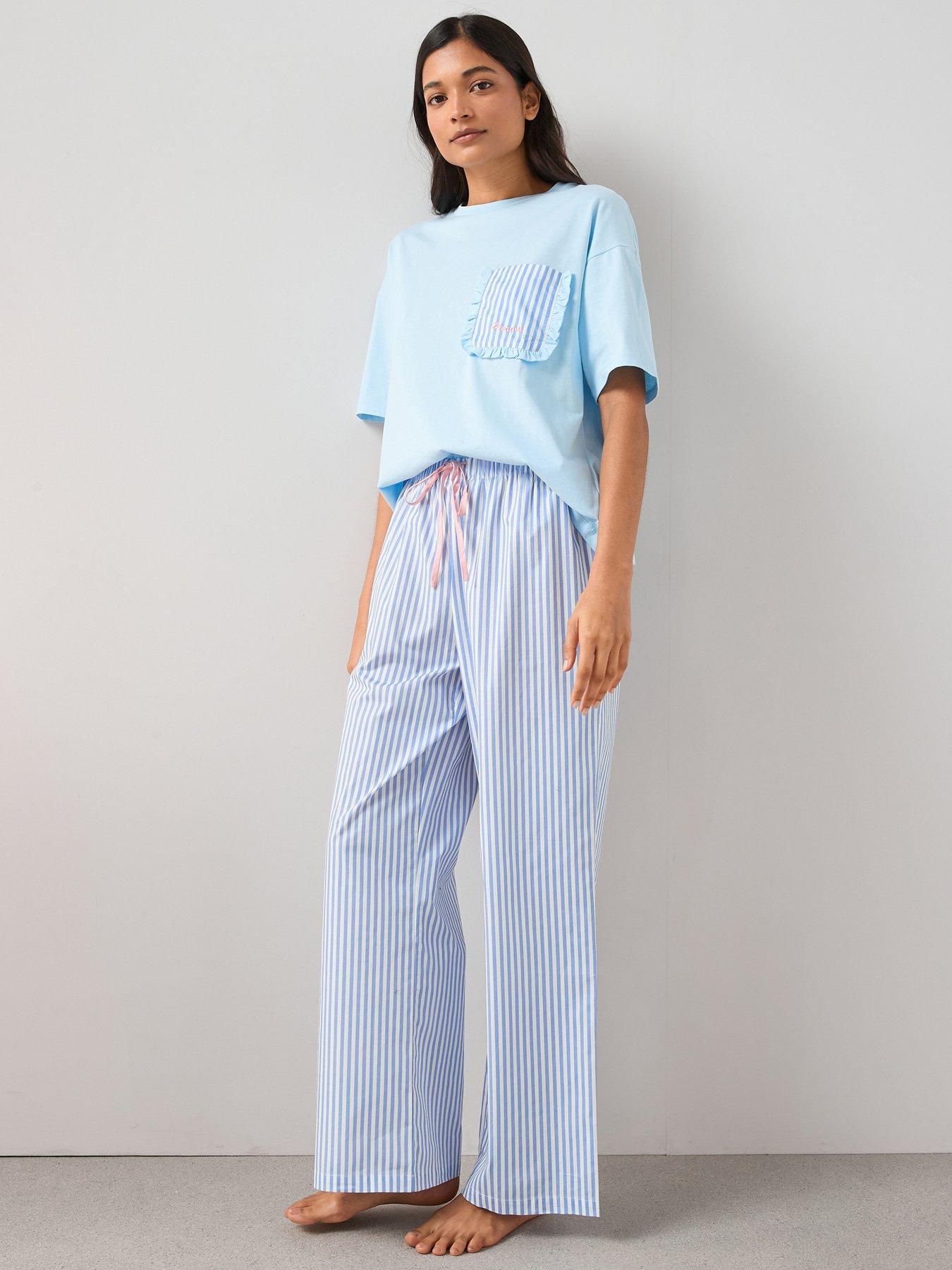 The Very Collection Short Sleeve Contrast Pocket T-shirt And Stripe Bottom Pyjama Set - Blue
