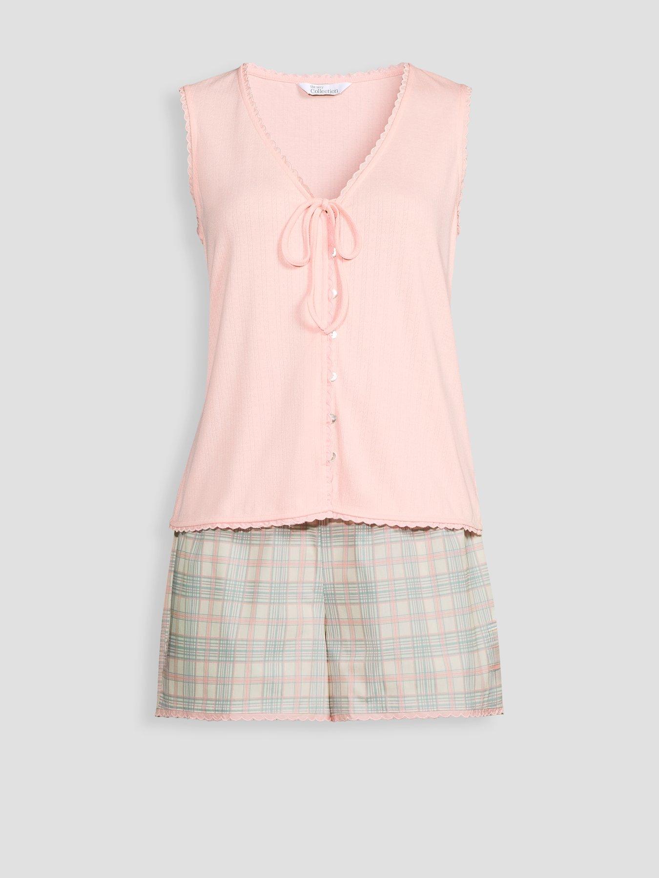 Image 6 of 6 of The Very Collection Tie Front Jersey Vest And Check Short Pyjama Set - Pink
