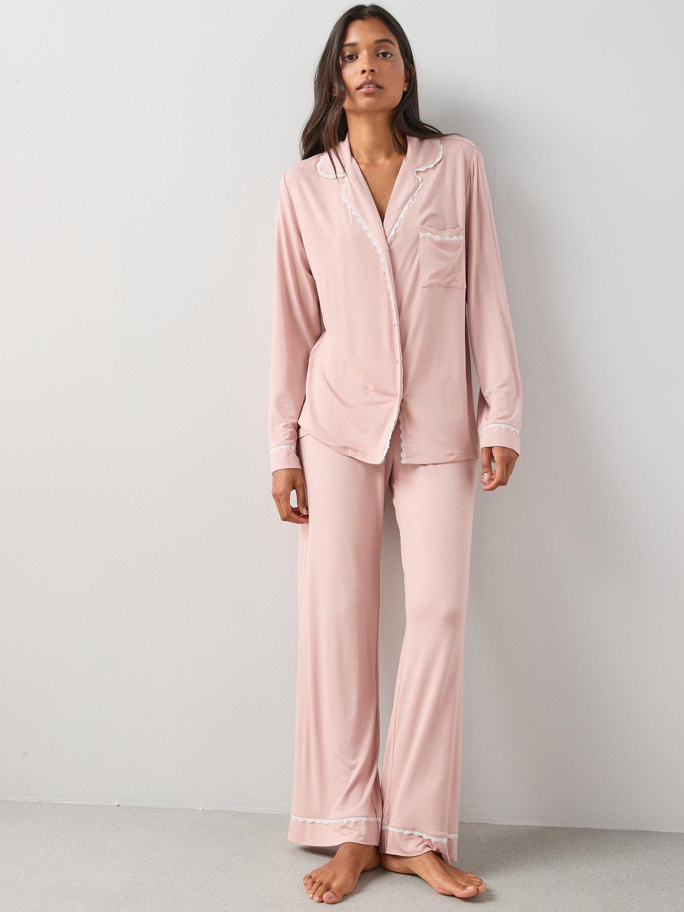 The Very Collection Lace Trim Jersey Revere Pyjama Set With Matching Scrunchie - Pink