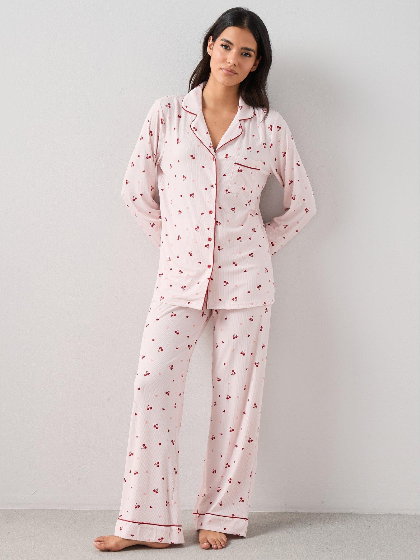 The Very Collection Ribbed Cherry And Heart Print Jersey Revere Pj Set - Pink