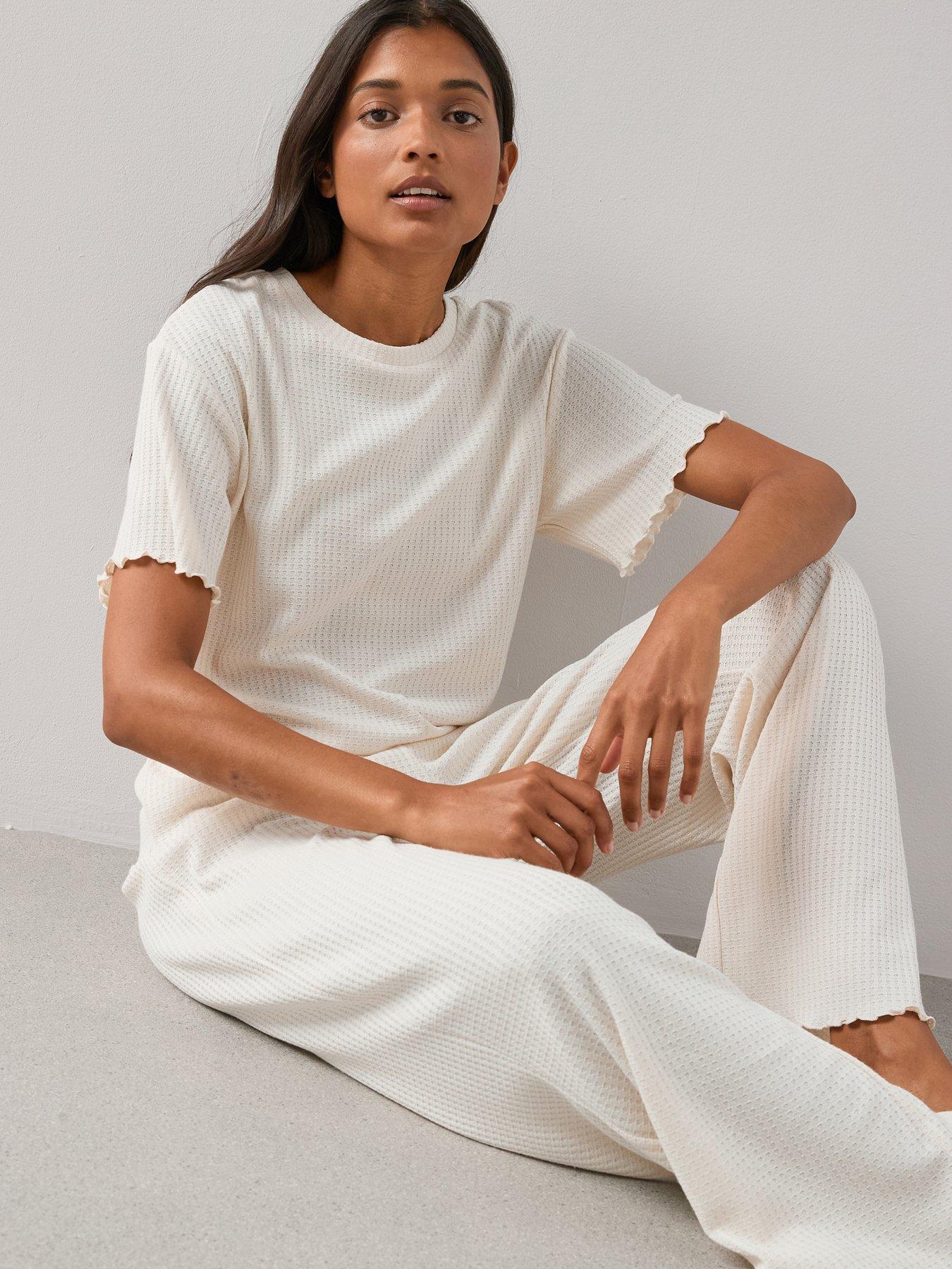 The Very Collection Waffle Frill Hem Top And Wide Leg Bottom Pyjama Set - Cream