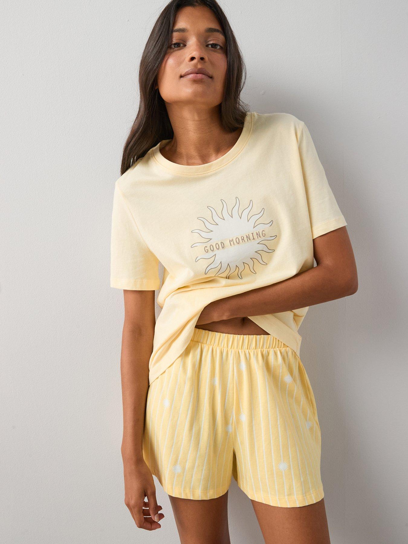 The Very Collection Short Sleeve Sun Print T-Shirt And Stripe Short Pyjama Set - Lemon