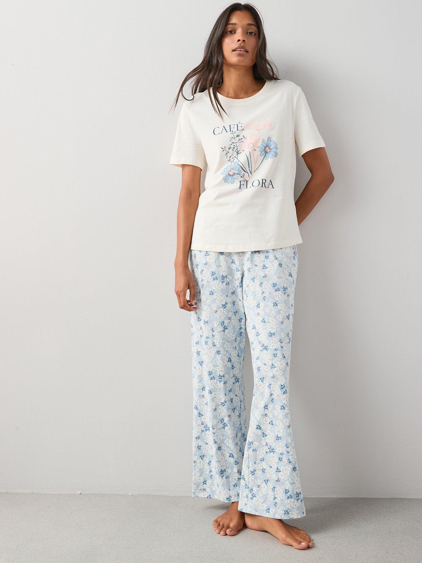 The Very Collection Floral Graphic Short Sleeve T-Shirt And Wide Leg Pyjama Set - Blue