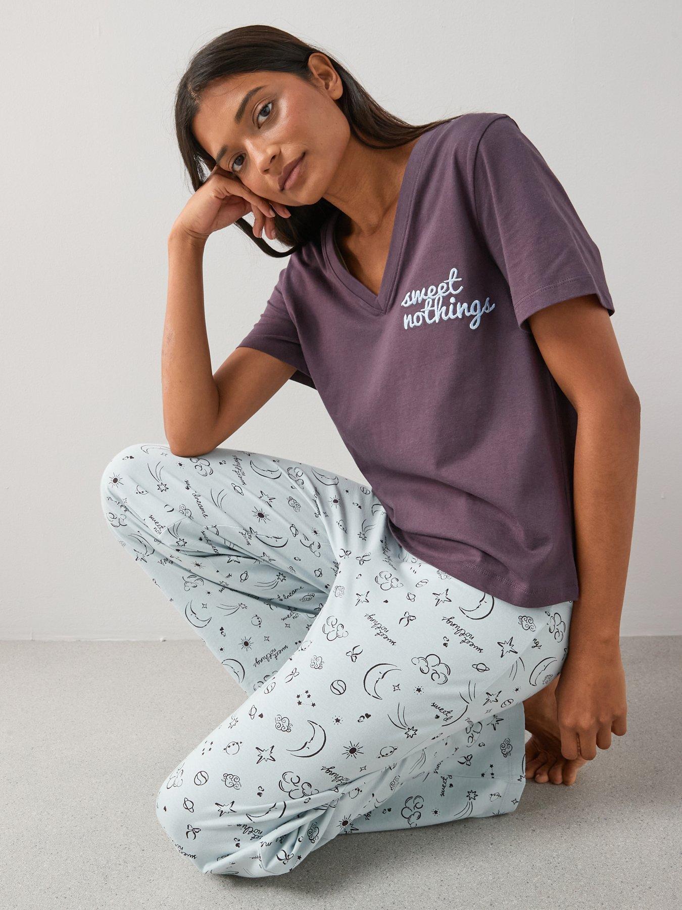 Image 1 of 7 of The Very Collection V Neck Sweet Nothing T-Shirt And Moon Print Wide Leg Bottom Pyjama Set - Blue
