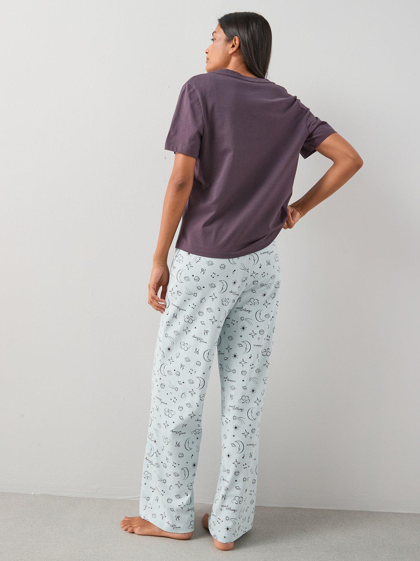 Image 2 of 7 of The Very Collection V Neck Sweet Nothing T-Shirt And Moon Print Wide Leg Bottom Pyjama Set - Blue