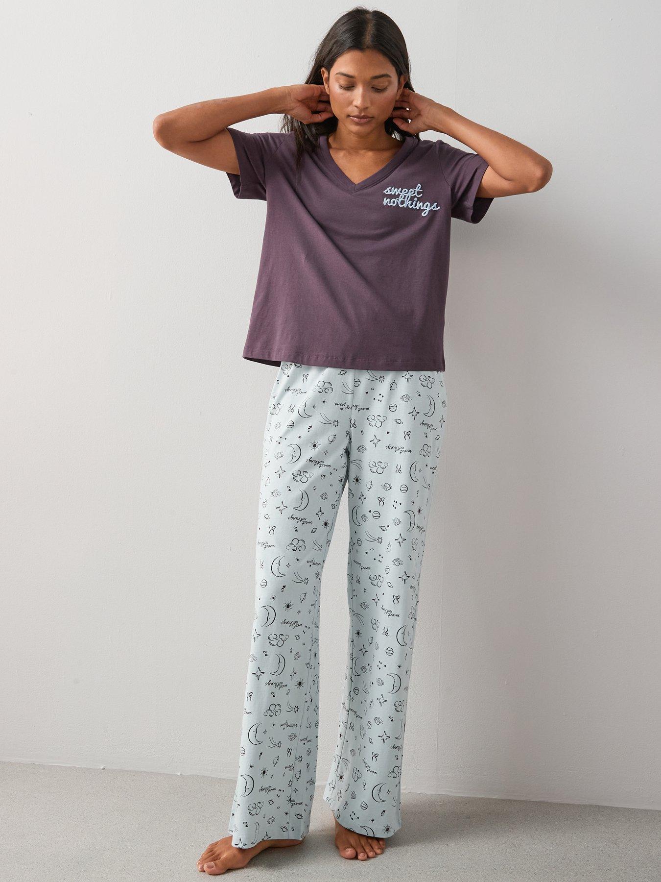 Image 3 of 7 of The Very Collection V Neck Sweet Nothing T-Shirt And Moon Print Wide Leg Bottom Pyjama Set - Blue