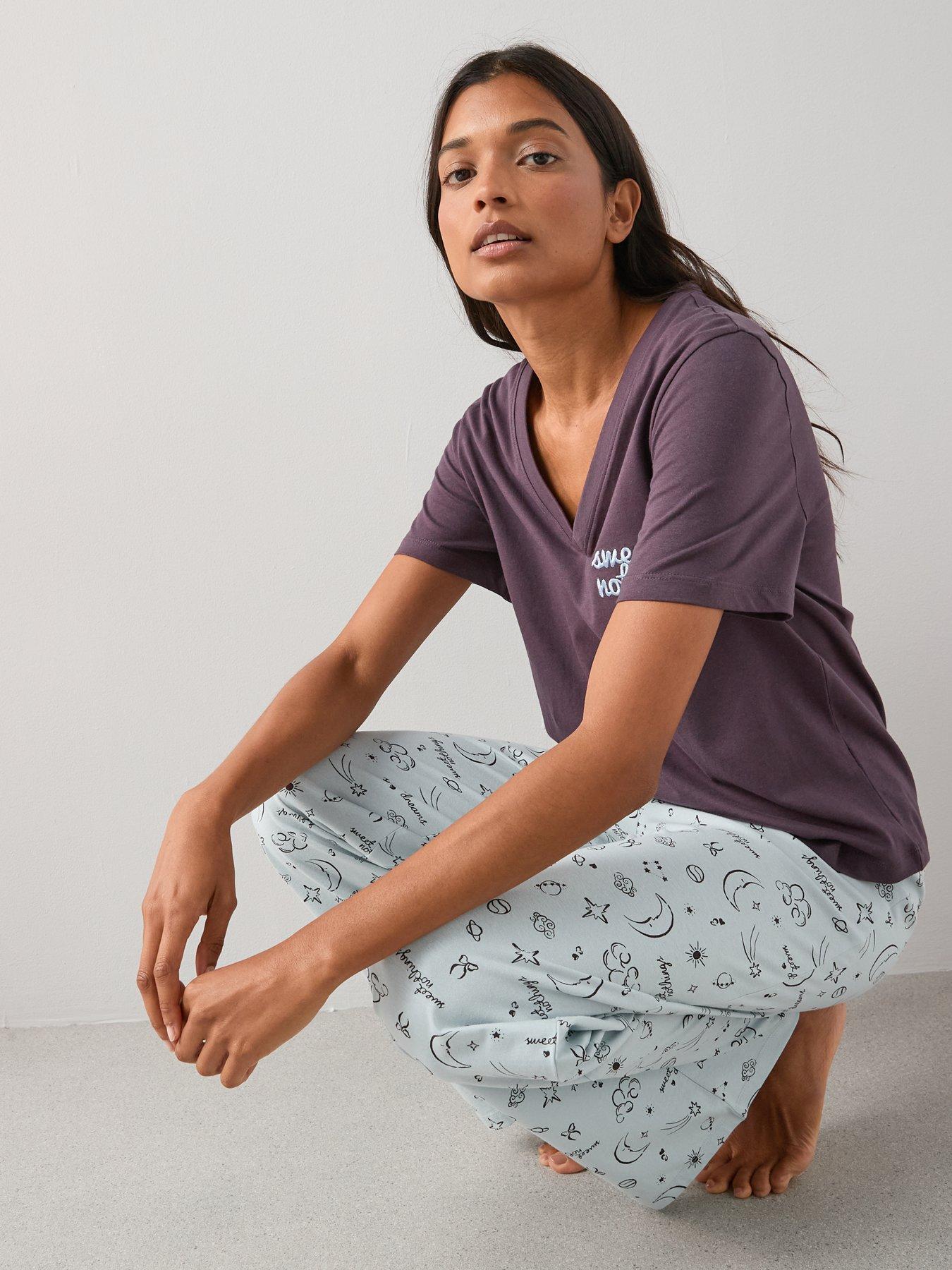 Image 4 of 7 of The Very Collection V Neck Sweet Nothing T-Shirt And Moon Print Wide Leg Bottom Pyjama Set - Blue