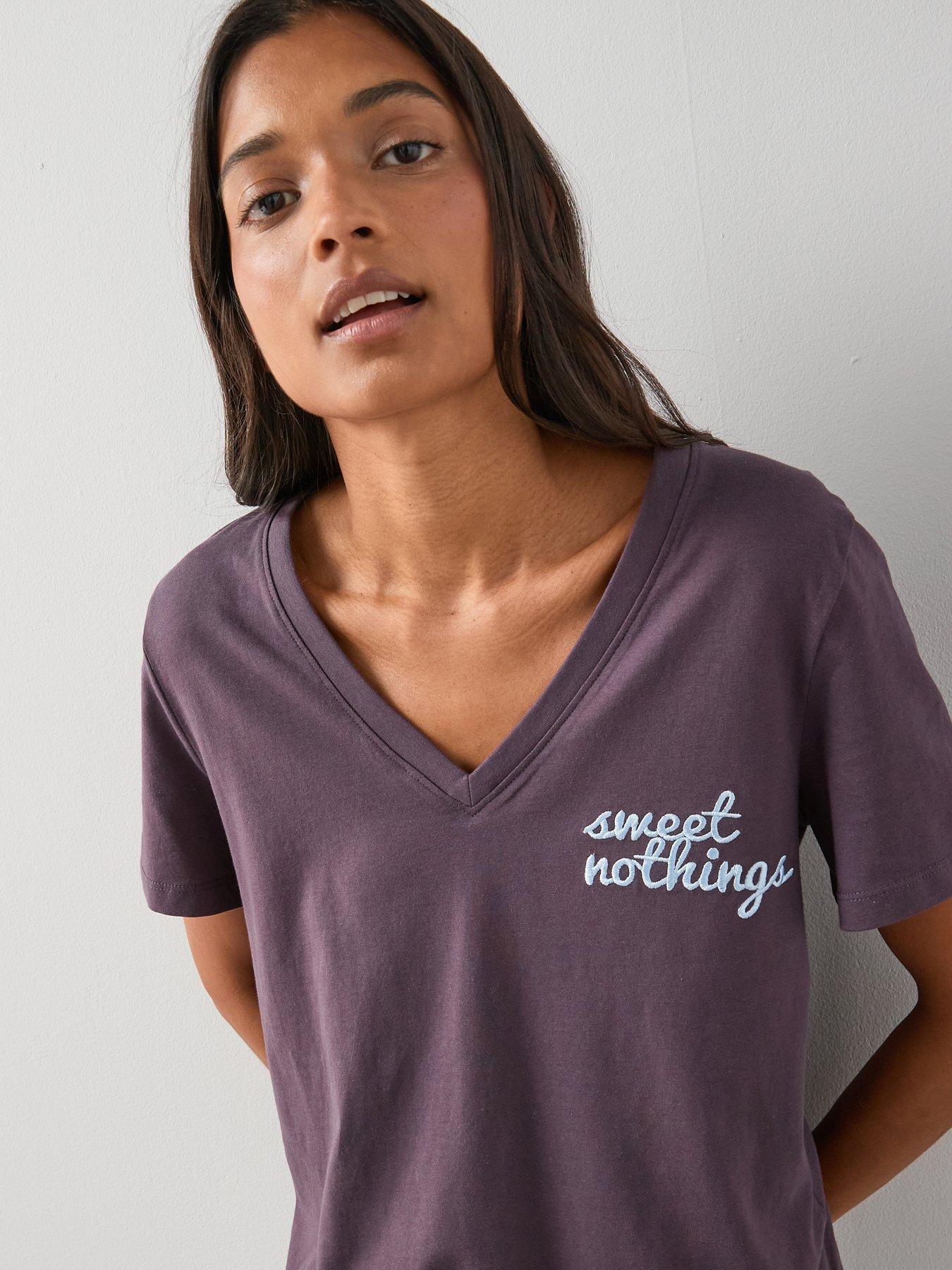 Image 5 of 7 of The Very Collection V Neck Sweet Nothing T-Shirt And Moon Print Wide Leg Bottom Pyjama Set - Blue