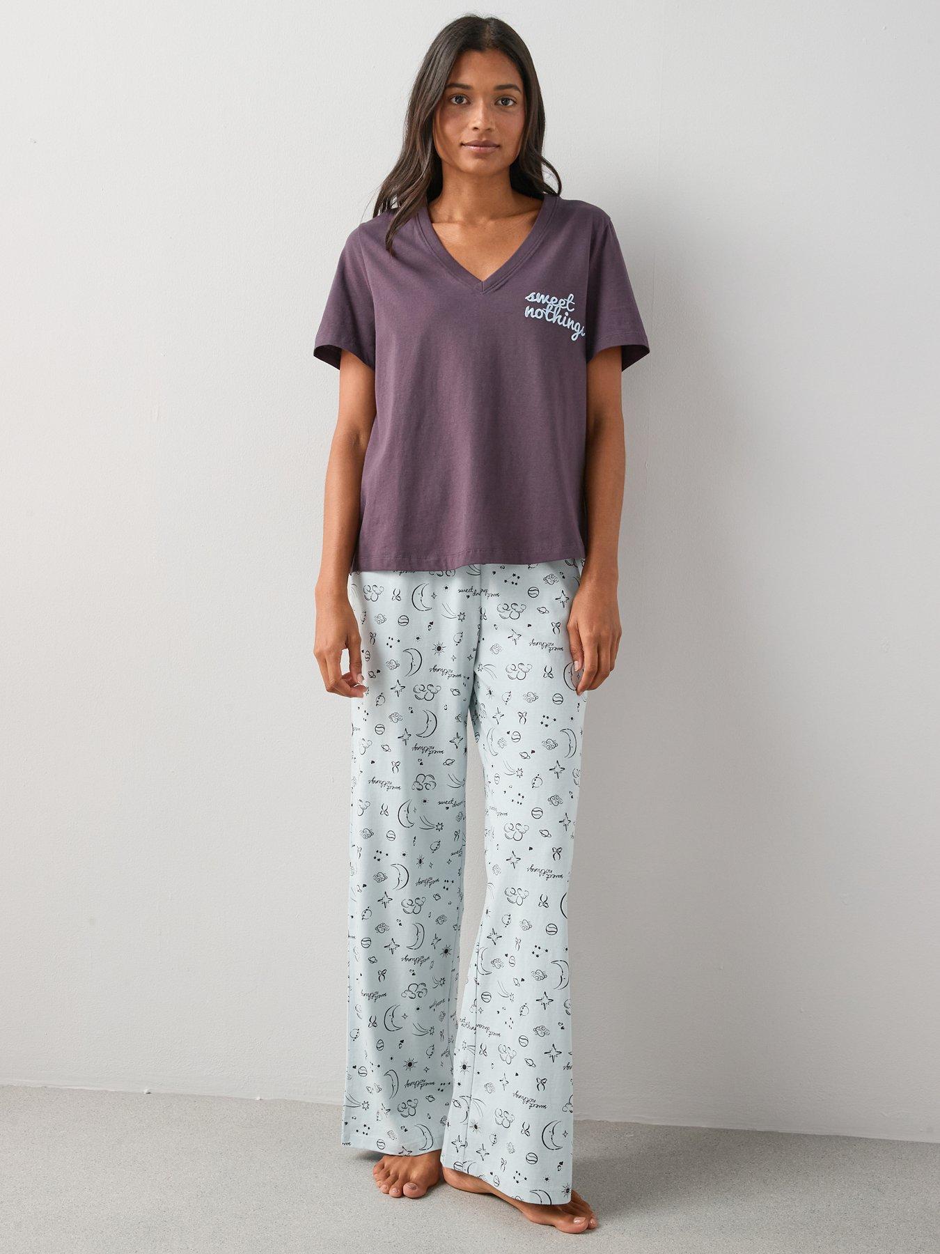 Image 6 of 7 of The Very Collection V Neck Sweet Nothing T-Shirt And Moon Print Wide Leg Bottom Pyjama Set - Blue