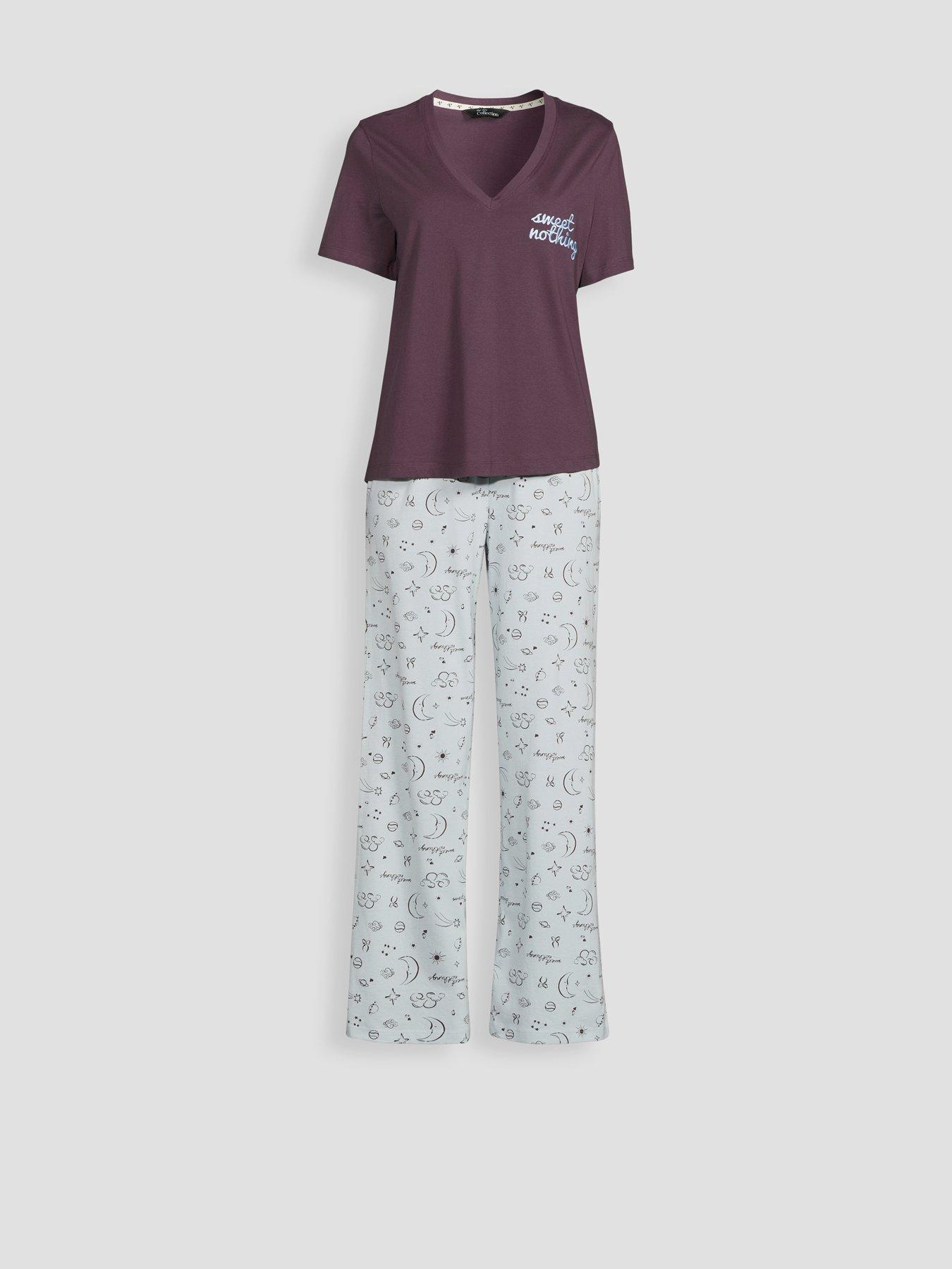 Image 7 of 7 of The Very Collection V Neck Sweet Nothing T-Shirt And Moon Print Wide Leg Bottom Pyjama Set - Blue