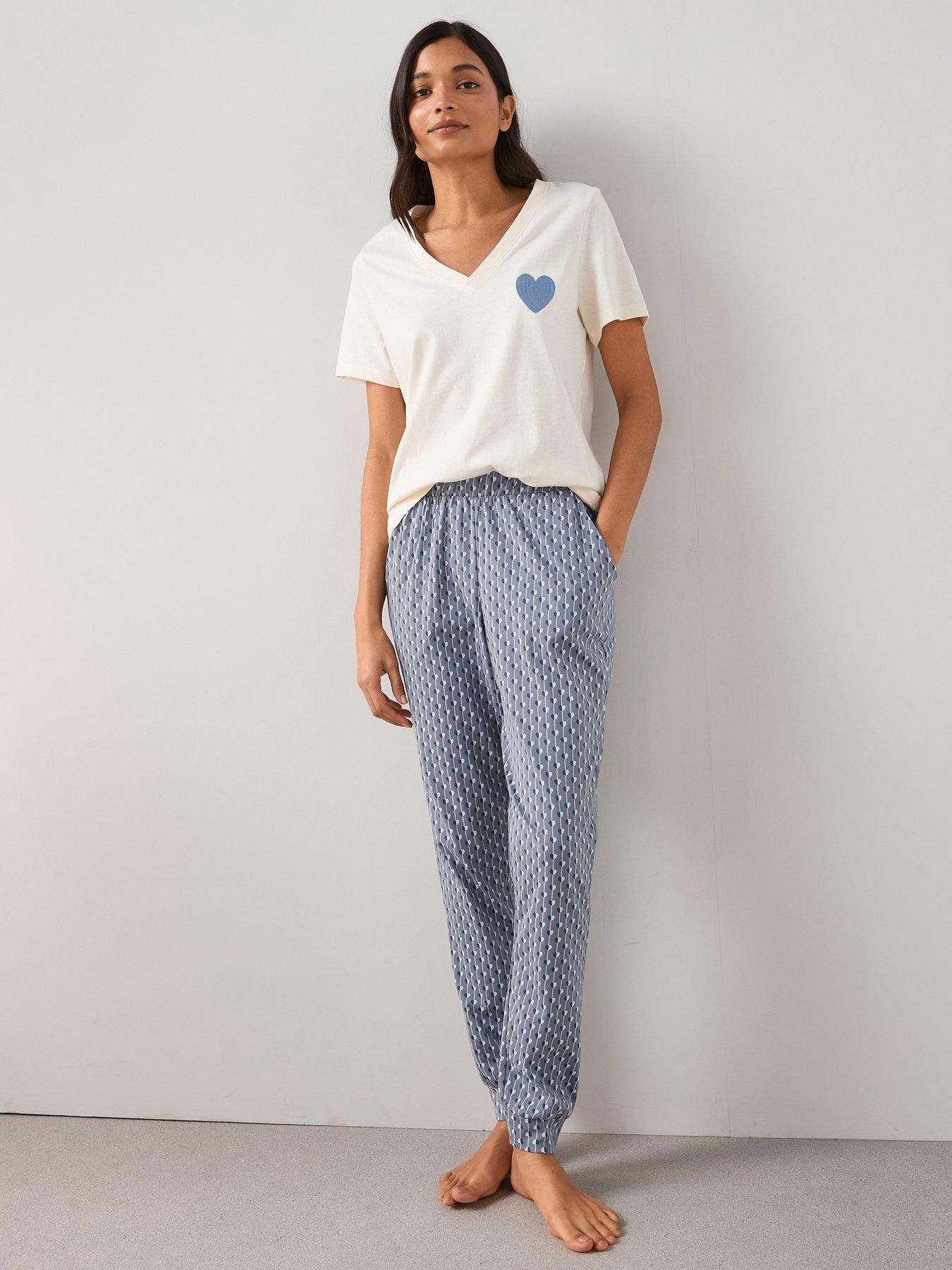 The Very Collection Embroidered Heart Top and Jogger Pyjama Set - Blue